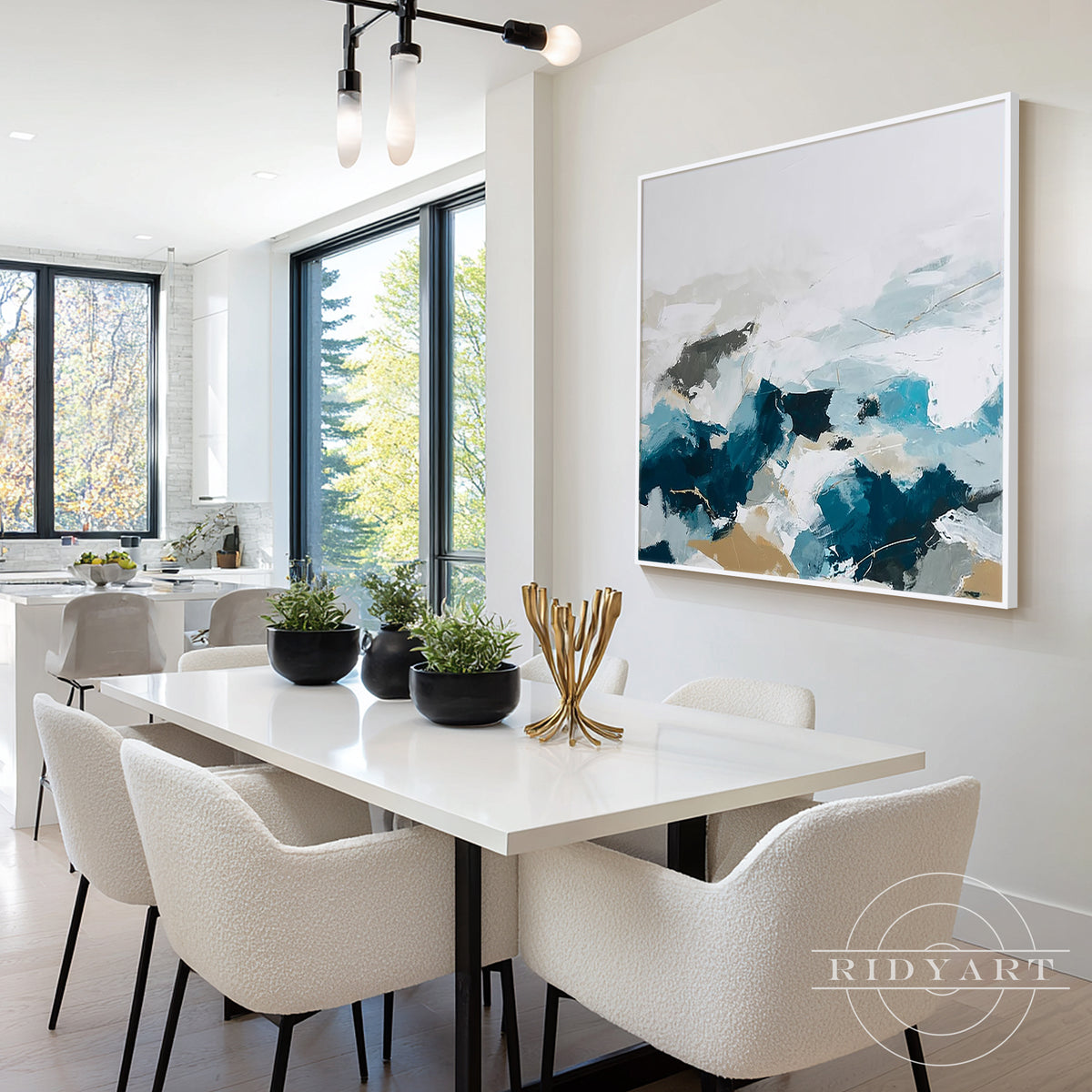 Sophisticated ocean teal and beige canvas painting creating an elegant artistic backdrop mounted above a contemporary dark wood dining table.