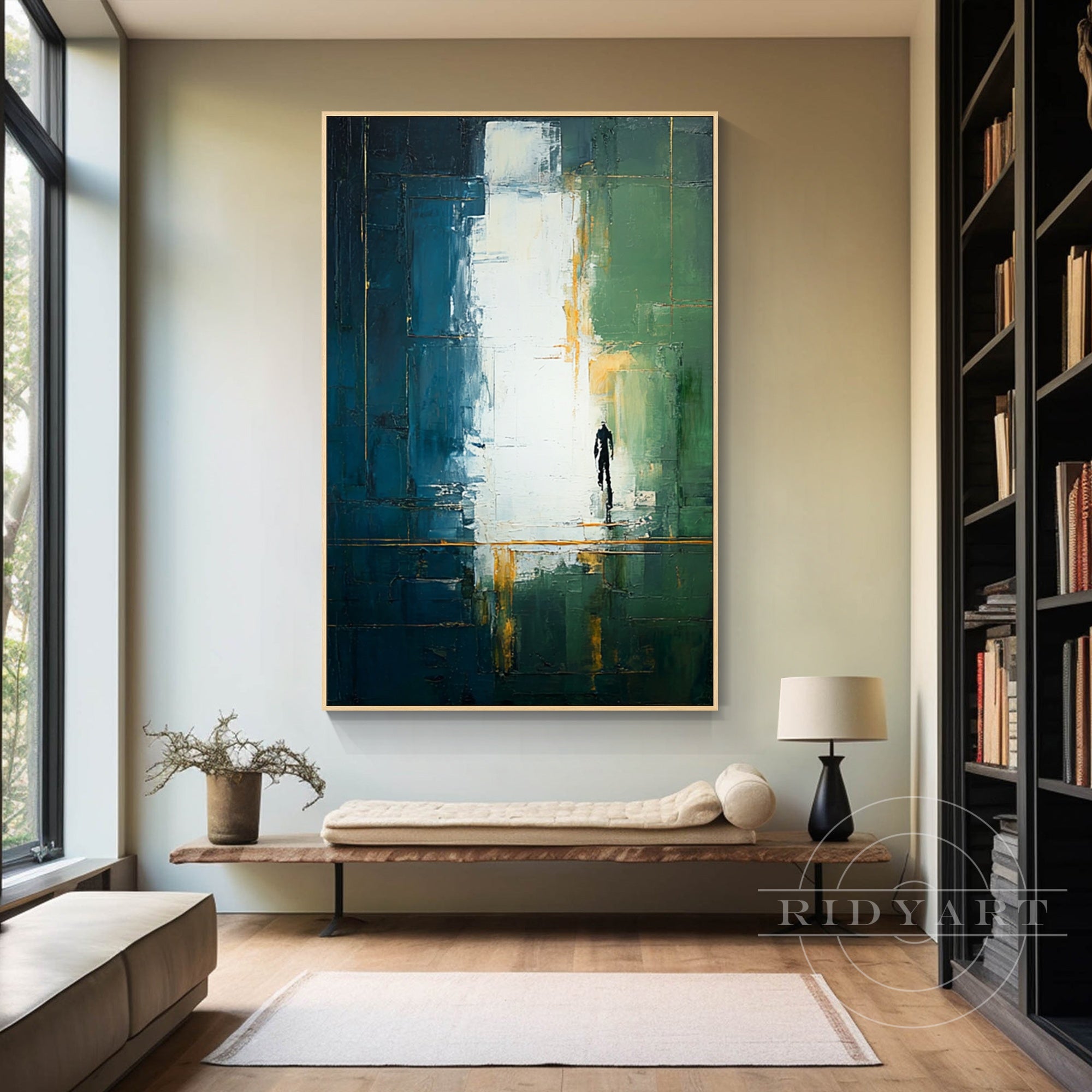 textured navy and green abstract painting