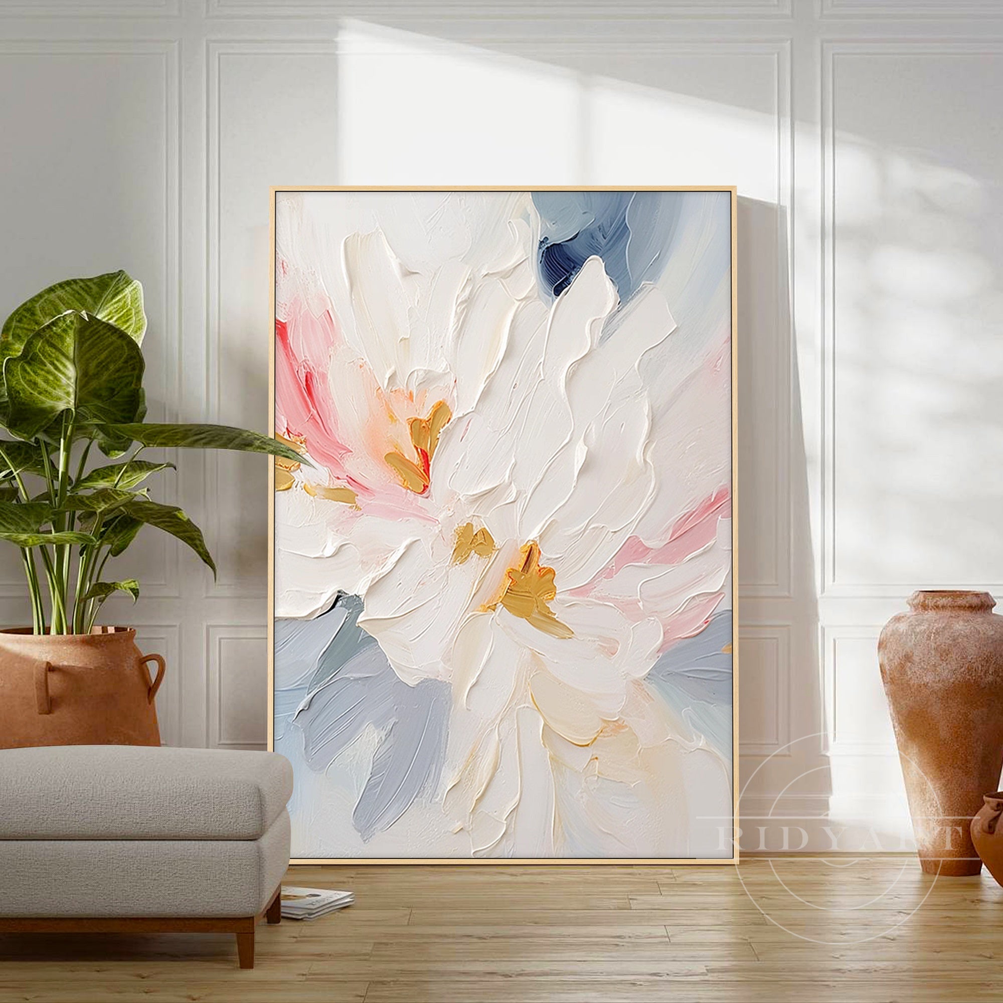 pink blue textured flower canvas wall art for fireplace