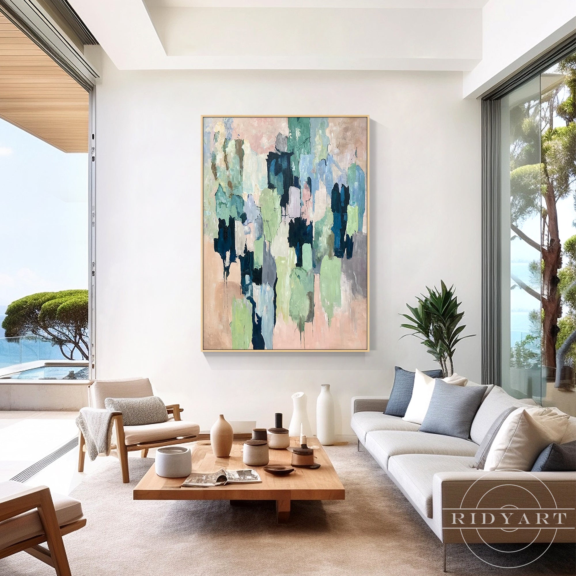 Pastel green blue abstract painting modern canvas wall art