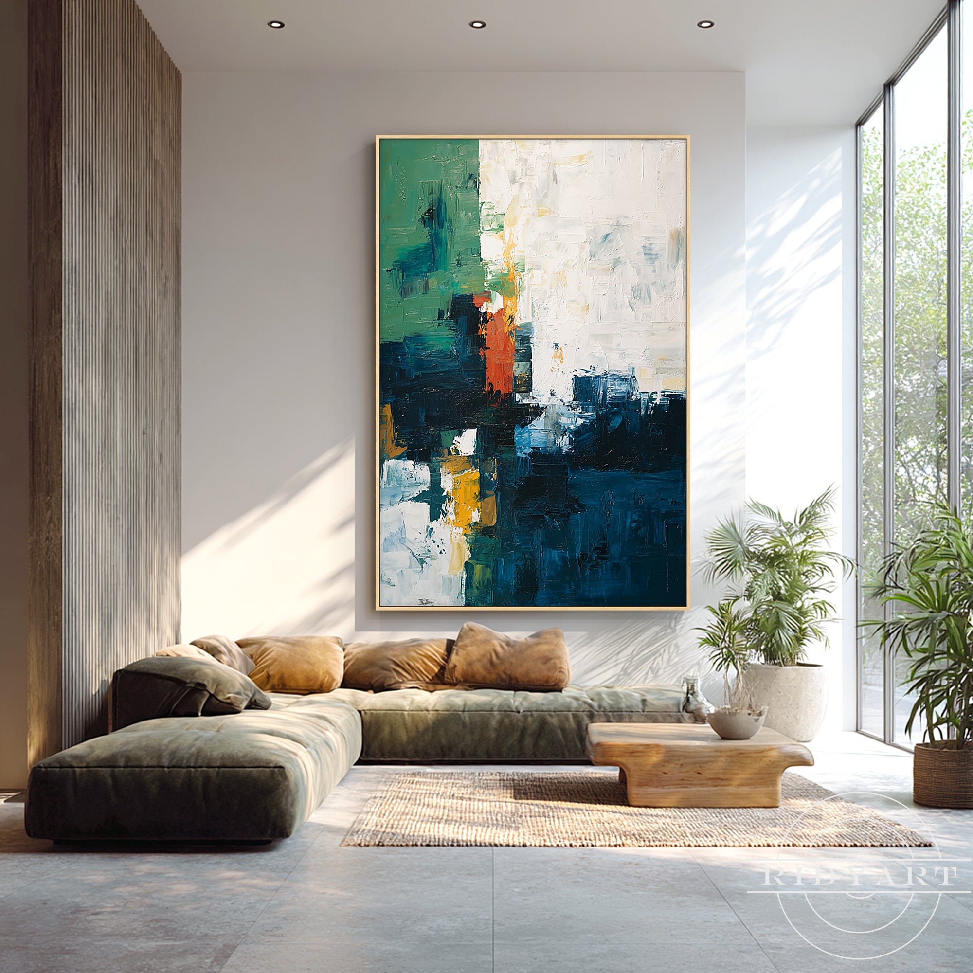 Hand-painted blue abstract canvas art with 3D palette knife texture and contemporary design