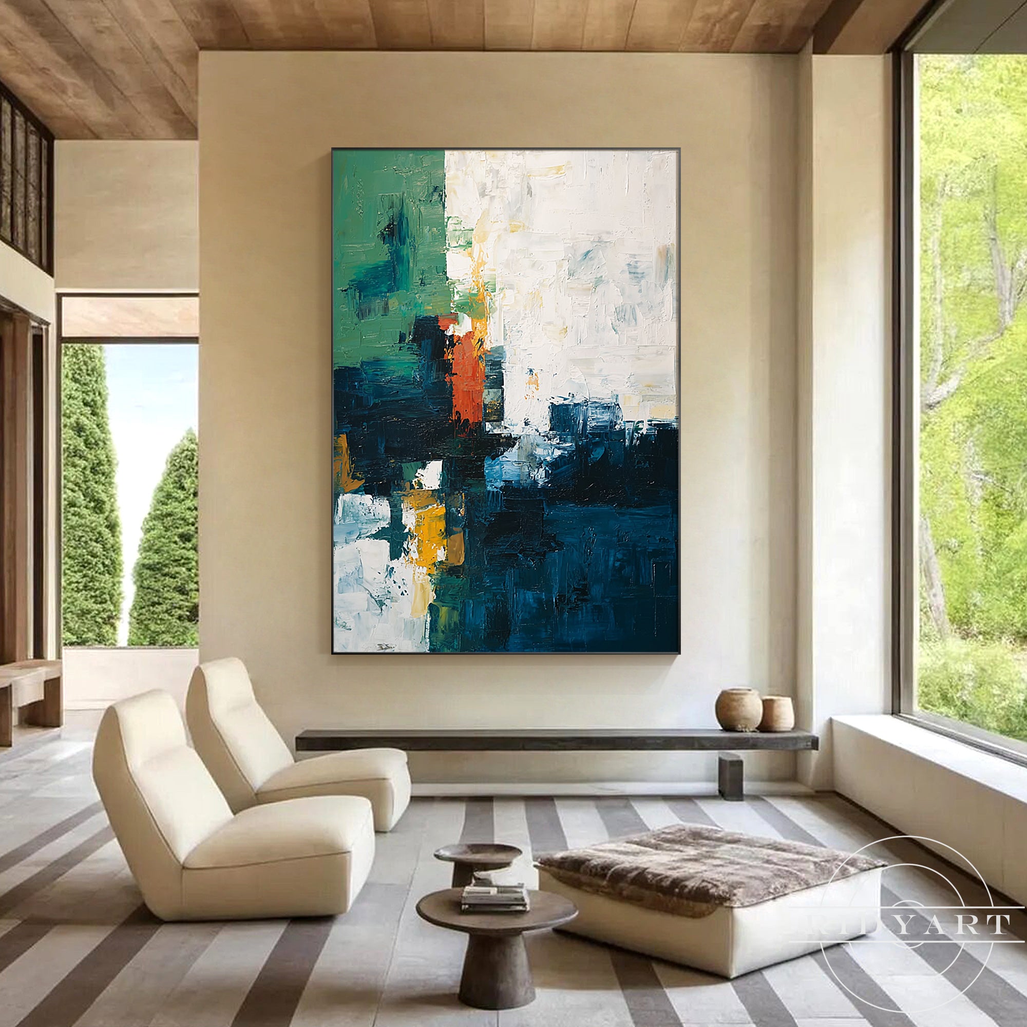 Contemporary abstract canvas artwork featuring deep blue tones and organic texture