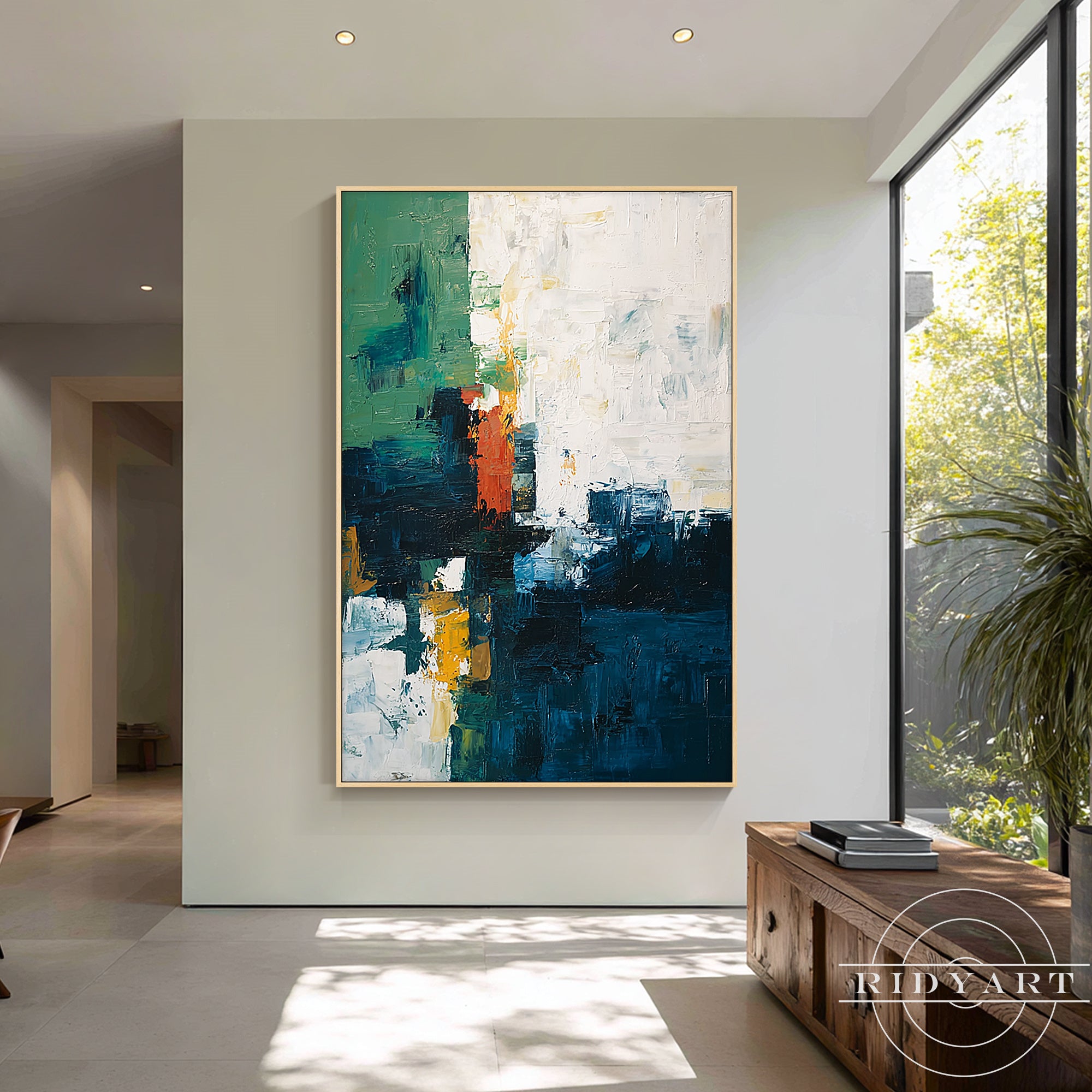 Handmade textured wall art with ocean blue colors and modern minimalist style