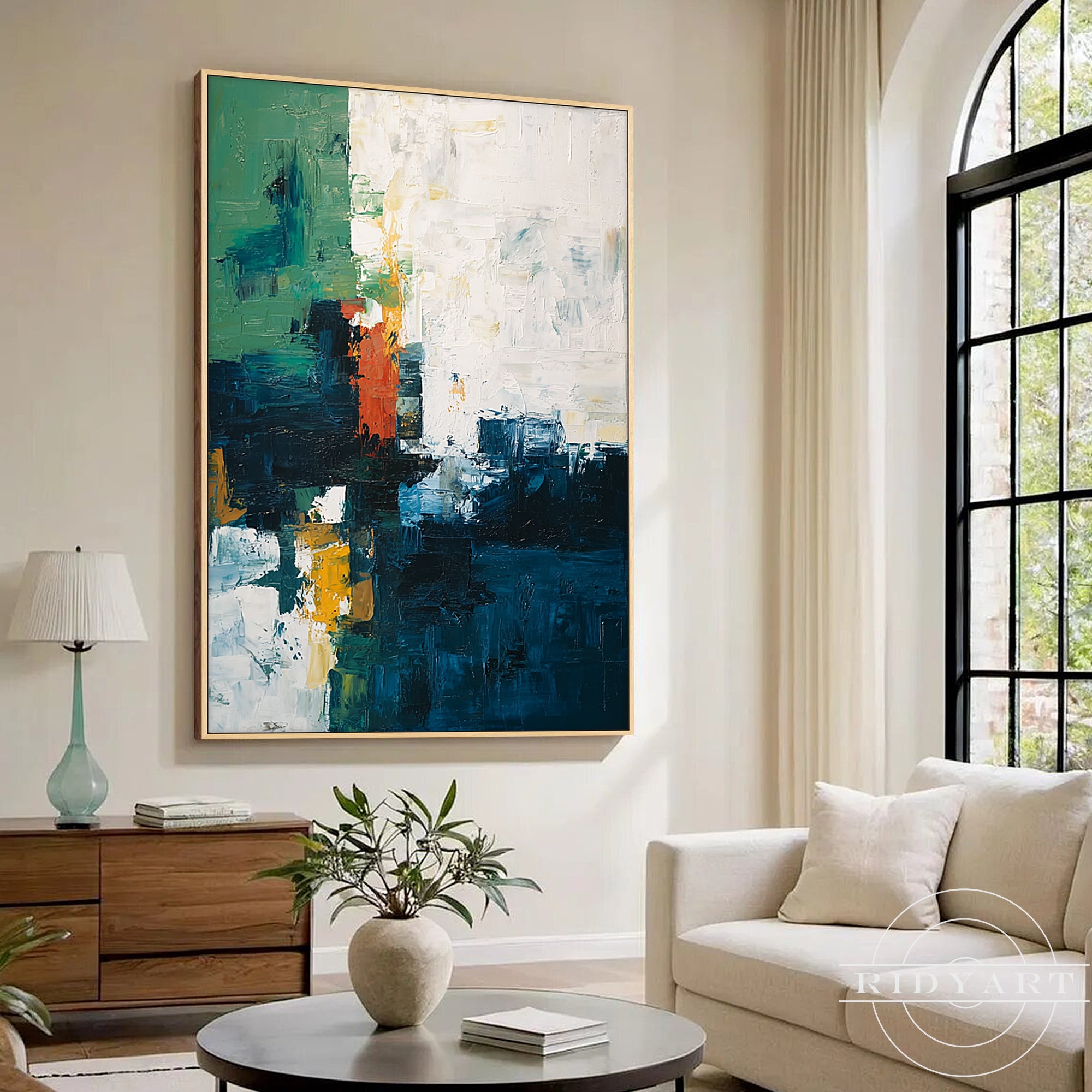 Modern coastal inspired abstract artwork with blue, white, and gold color palette