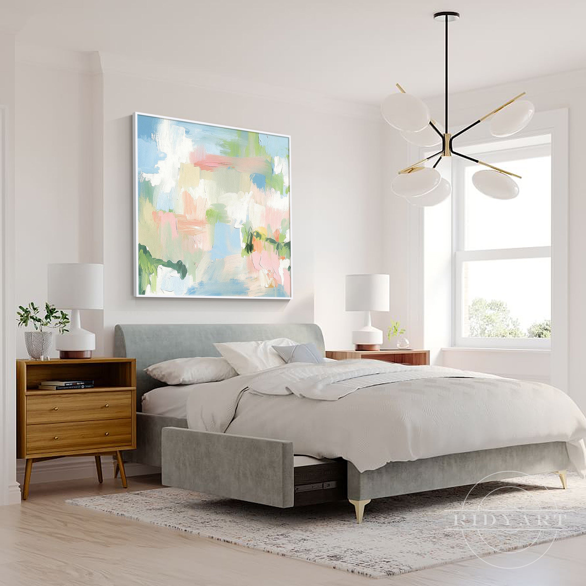 Original abstract painting with pastel blue pink and green palette, handmade wall art for home
