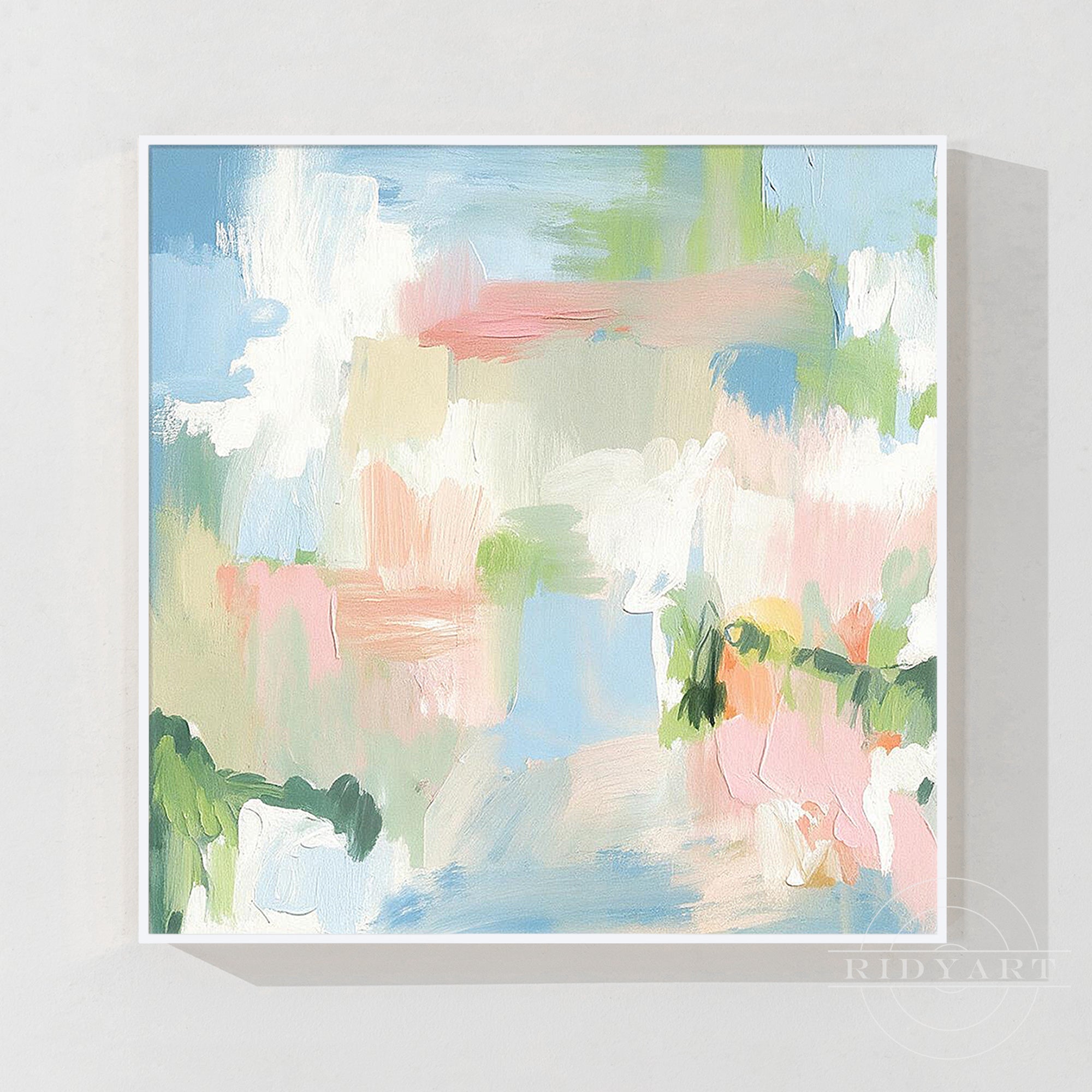 Original hand painted pastel abstract canvas painting featuring soft colors and textured brushstrokes