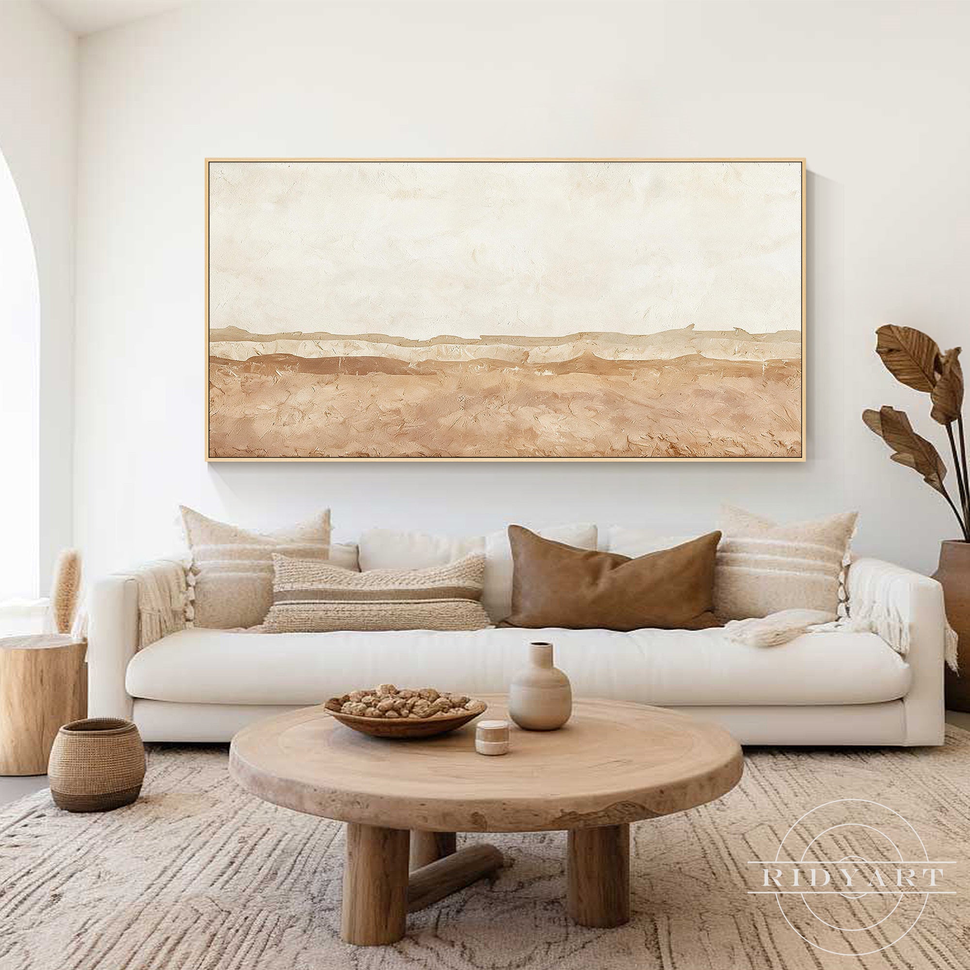 Neutral beige abstract landscape painting with textured handmade canvas art