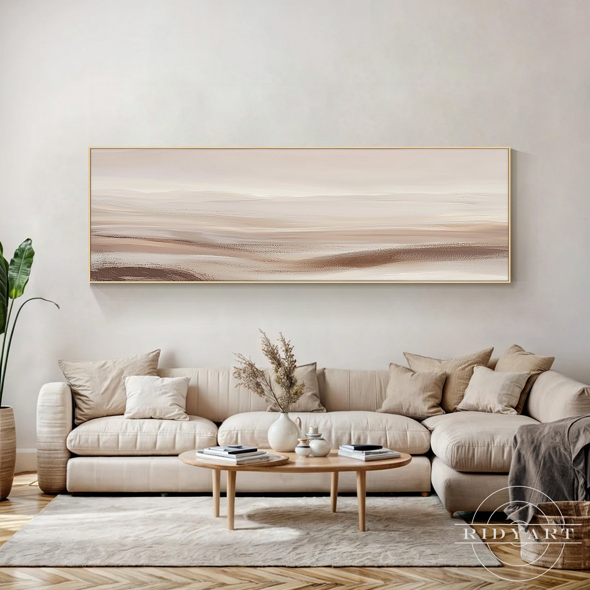 Neutral beige abstract landscape painting with minimalist textured design