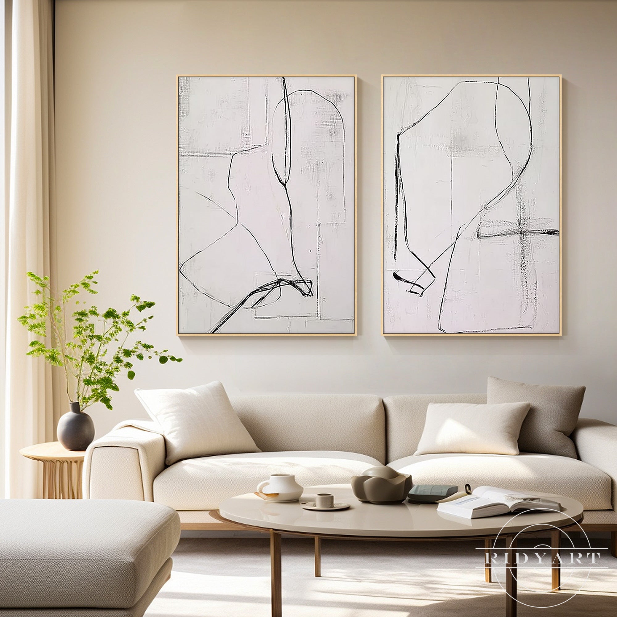 Minimalist abstract line art painting with neutral tones and modern design