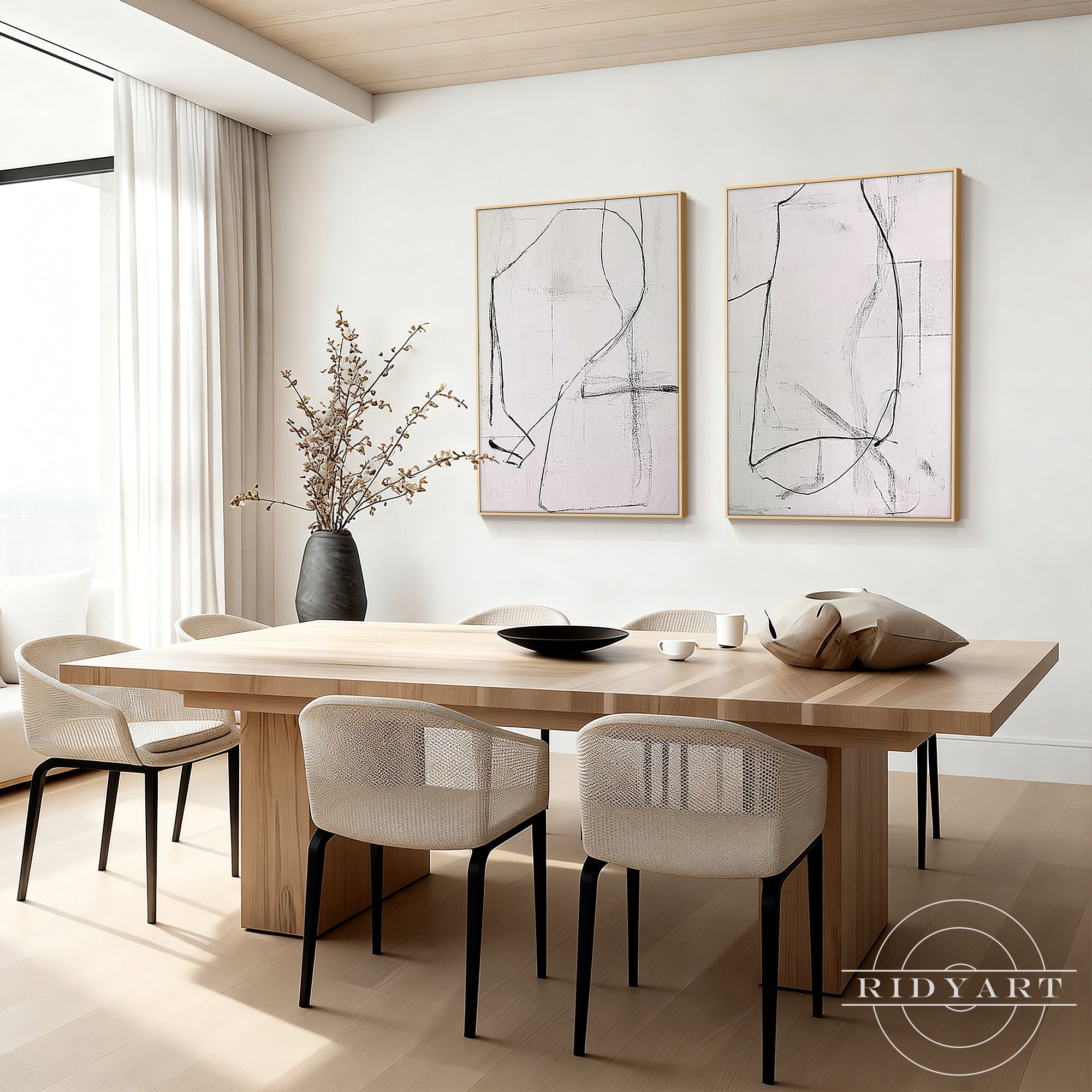 Handmade abstract canvas artwork with black organic lines and textured white background
