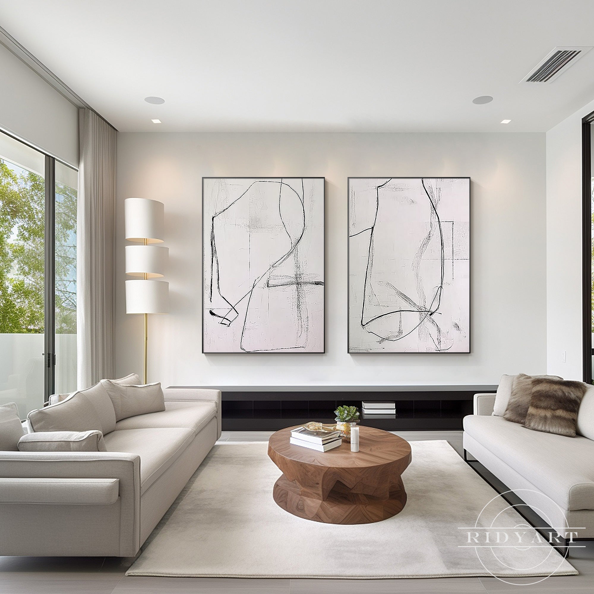 Contemporary neutral abstract painting with simple geometric line design