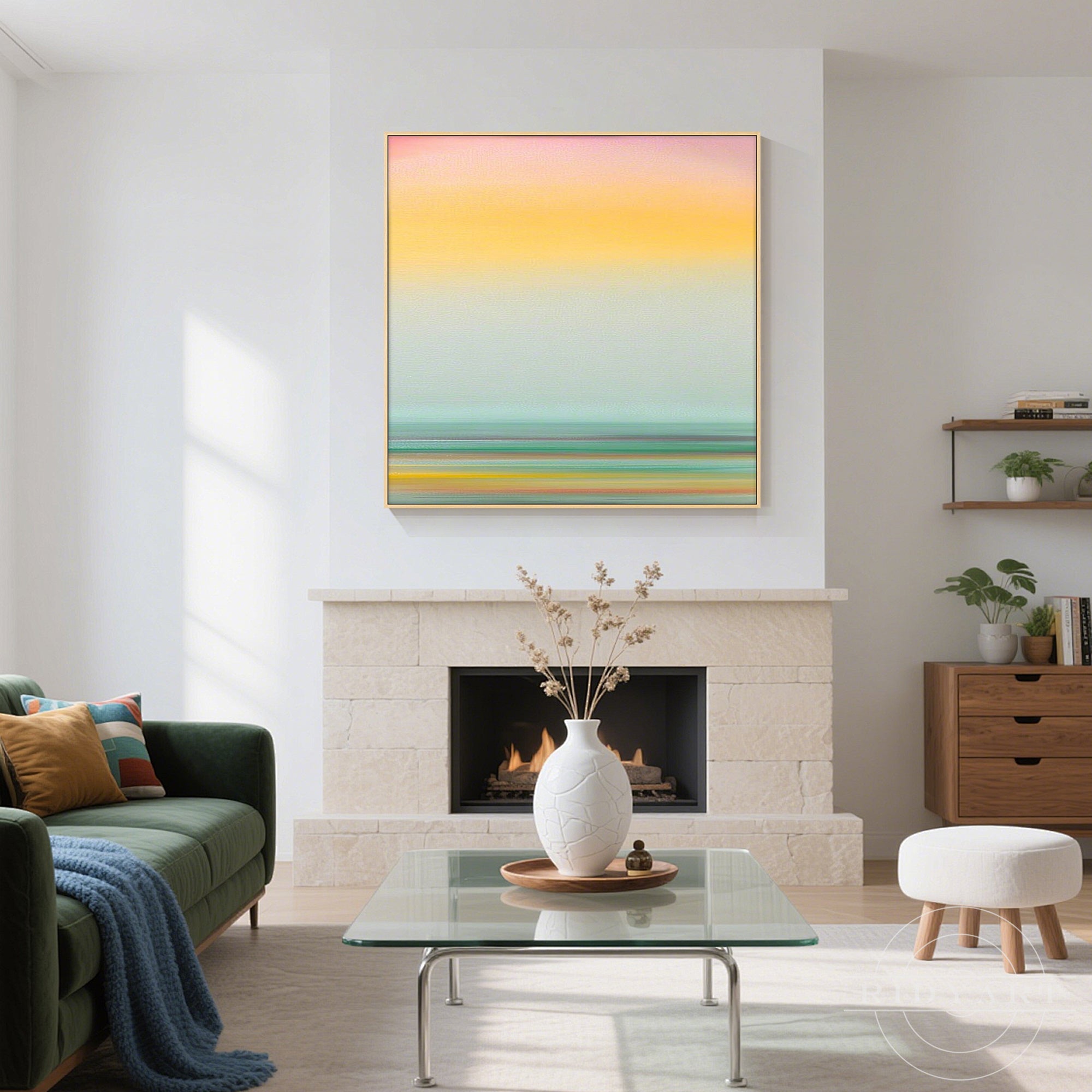 hand-painted horizon sunset canvas painting with white slim frame