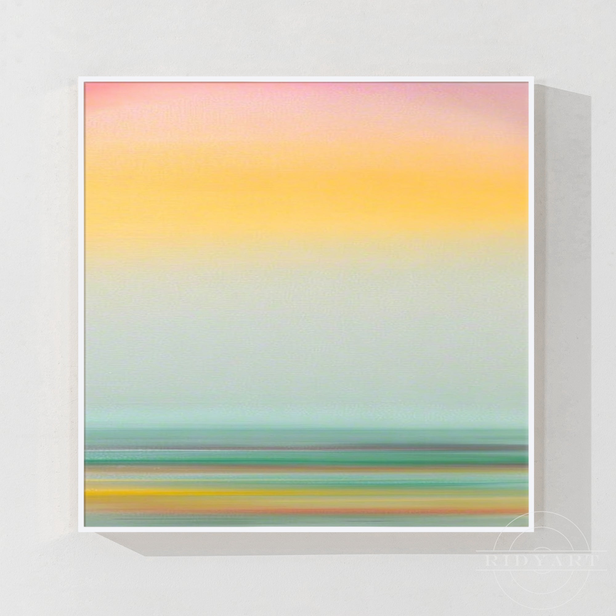 Hand-painted soft horizon sunset canvas art with pink, yellow, and ocean teal gradients