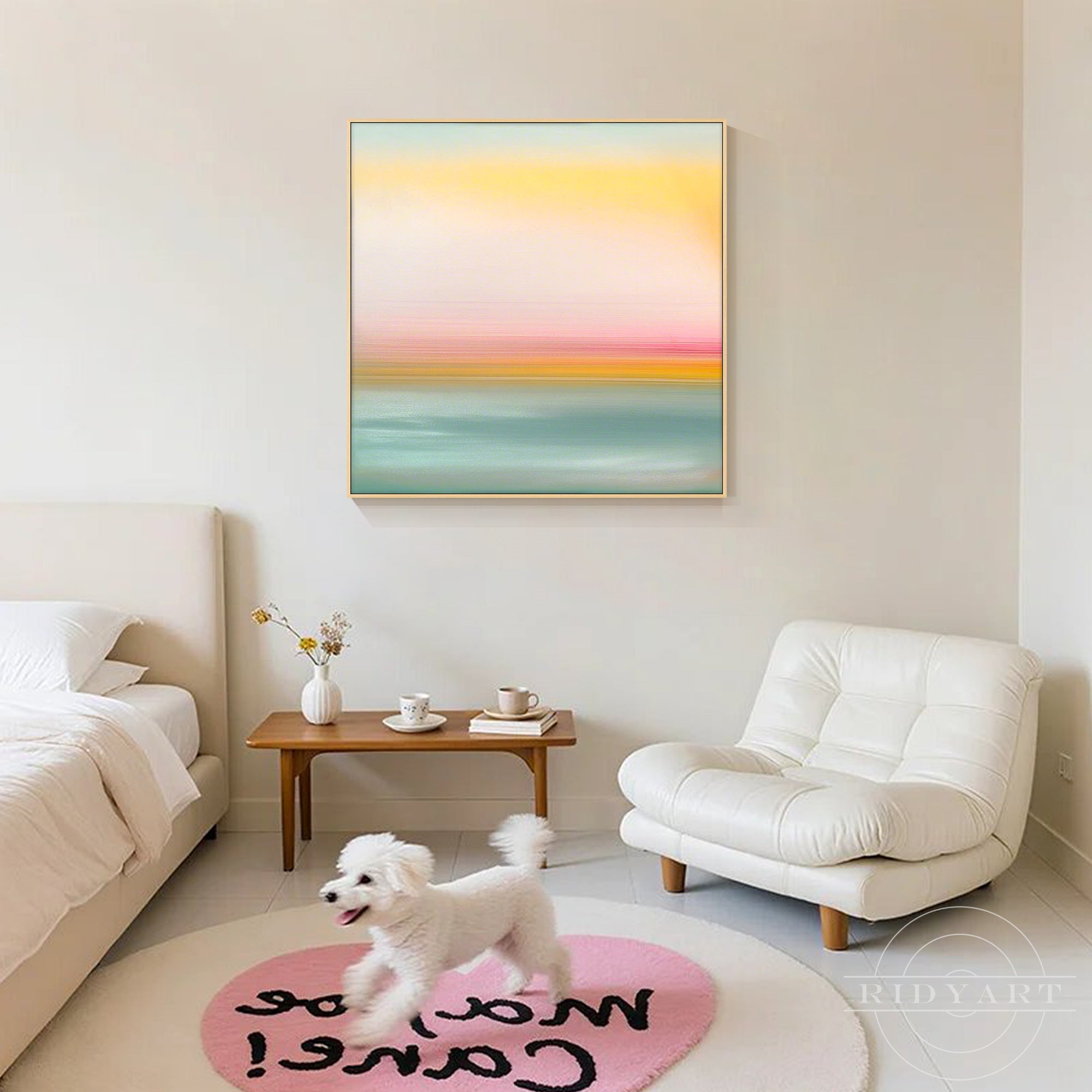 Minimalist abstract seascape painting with blue green and orange tones