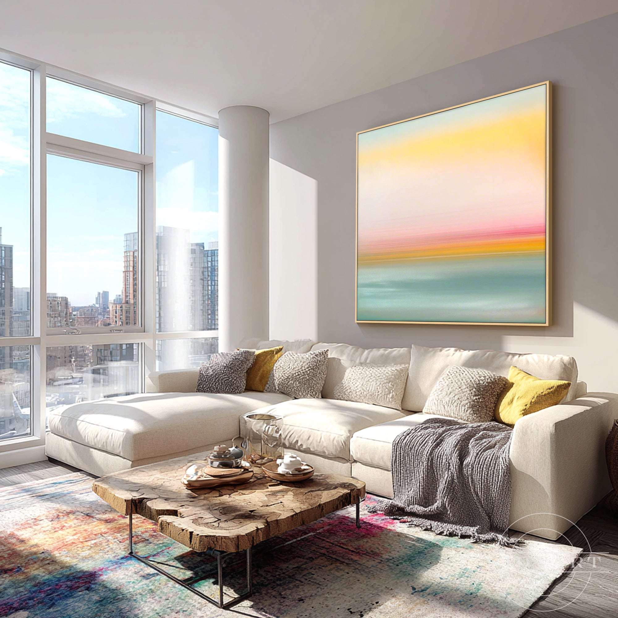 Soft pastel abstract wall art inspired by a peaceful ocean sunset