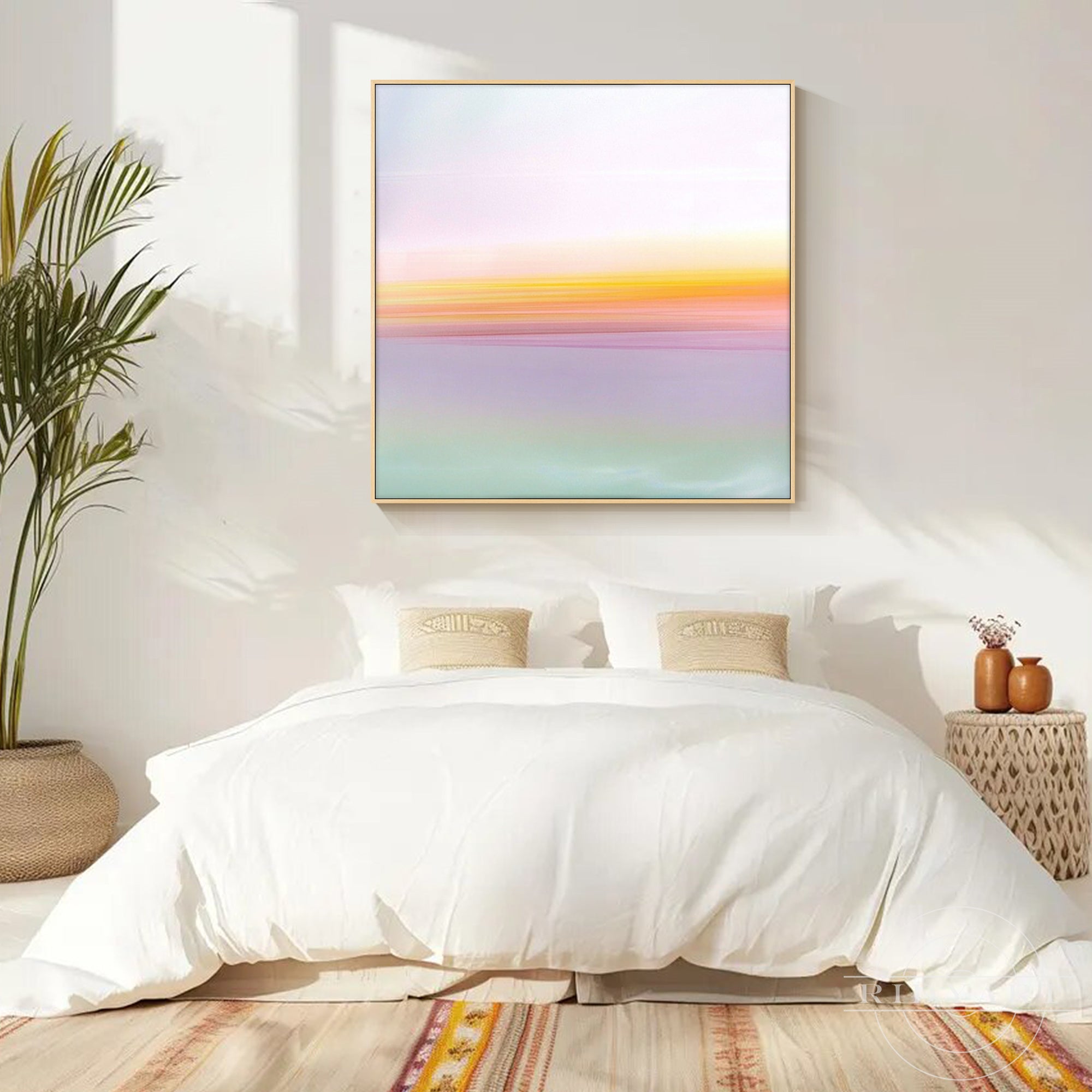 Dreamy abstract sunset artwork with warm yellow and pink horizontal layers