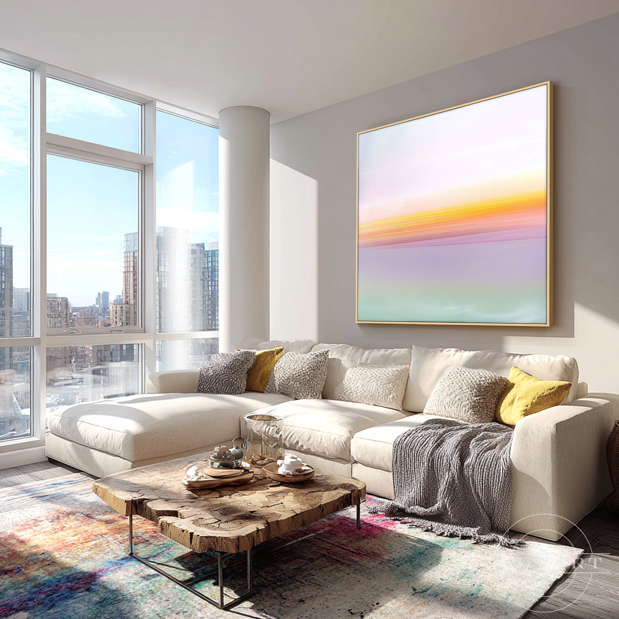 Modern minimalist landscape wall art with a soft pastel horizon