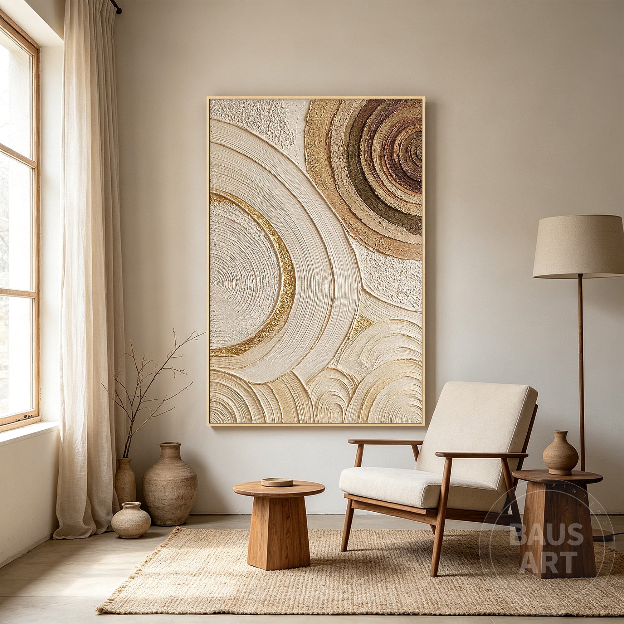 Handmade beige abstract painting with circular texture
