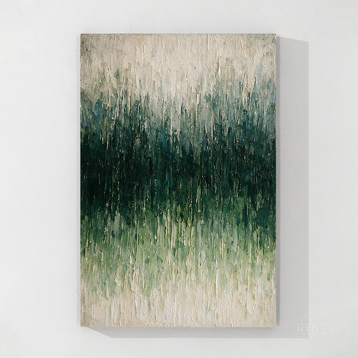 Green abstract textured wall art with vertical layered brushstrokes