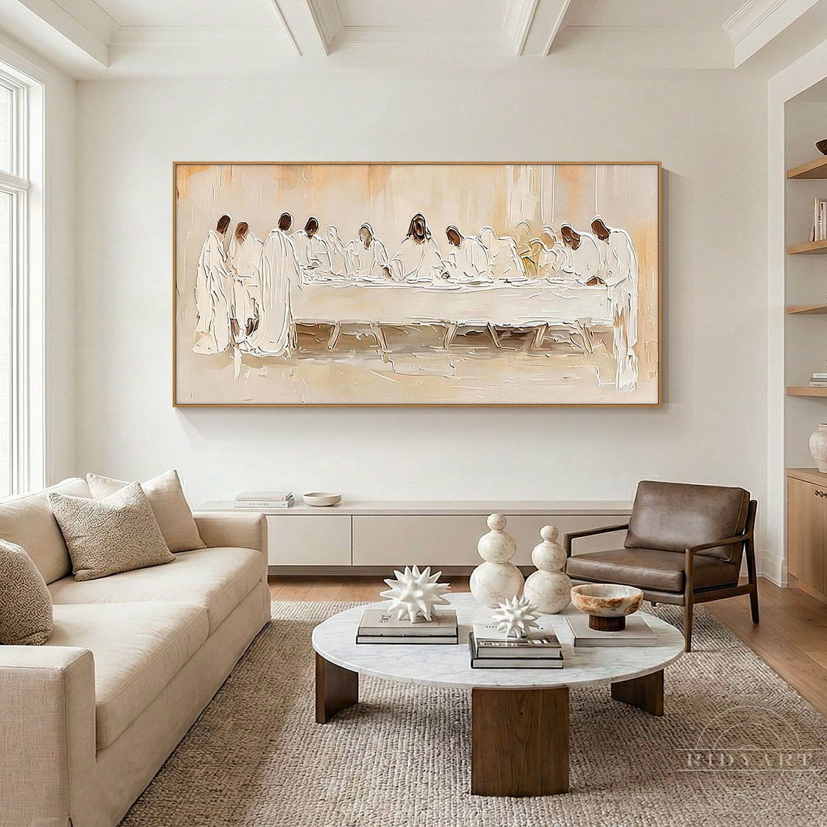 Textured modern religious painting inspired by the Last Supper