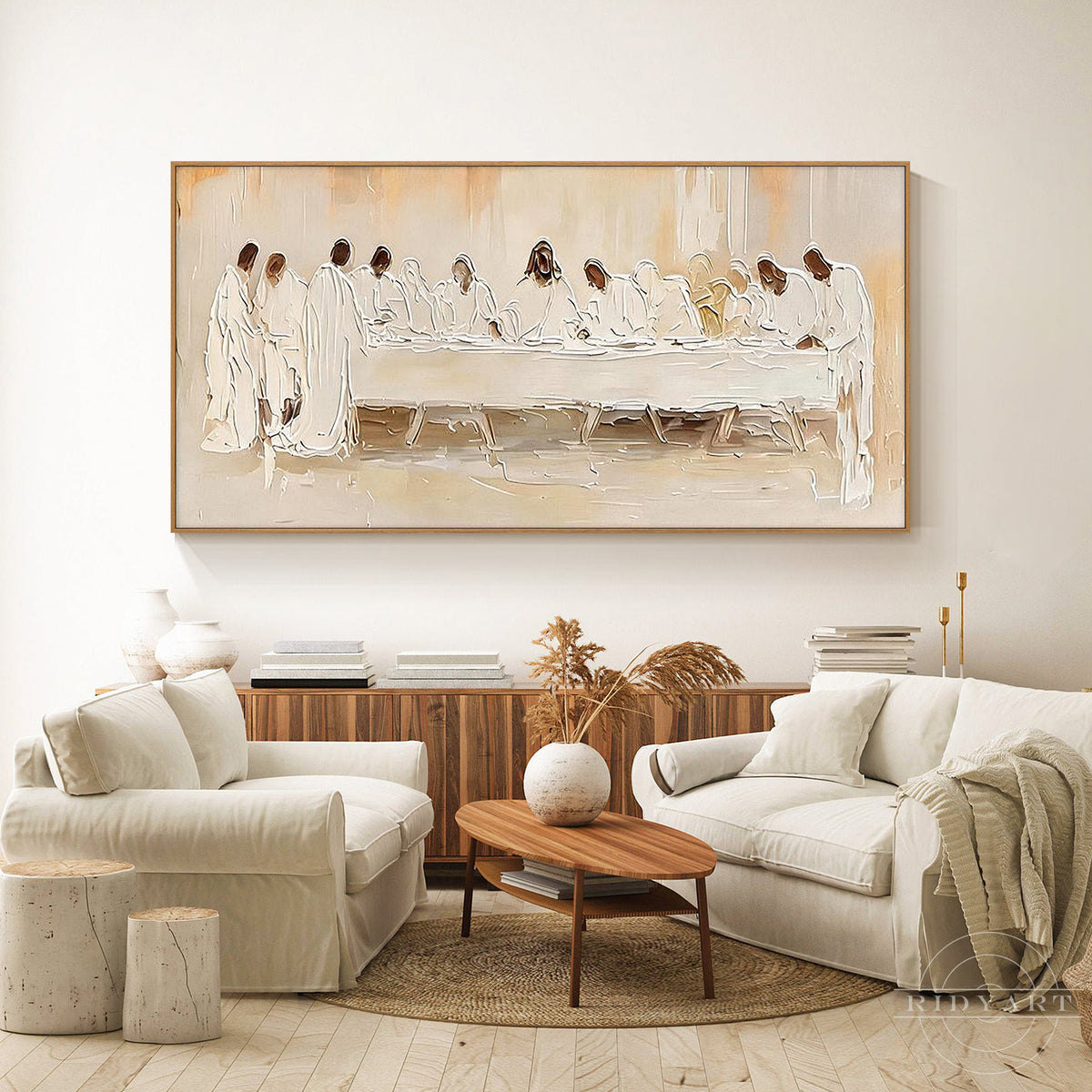 Contemporary Last Supper painting featuring dimensional texture and neutral colors