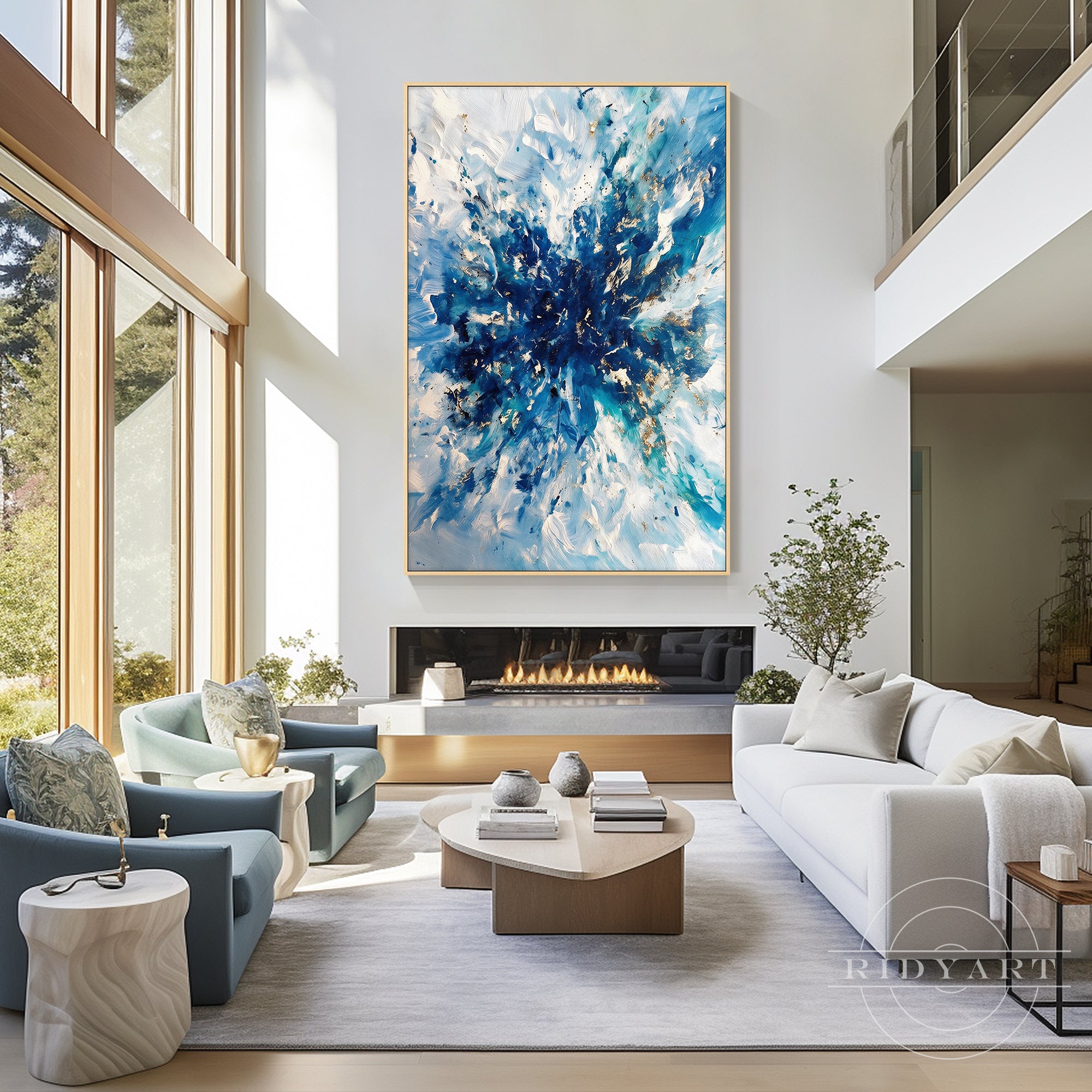 Modern luxury abstract wall art featuring blue tones and gold accents