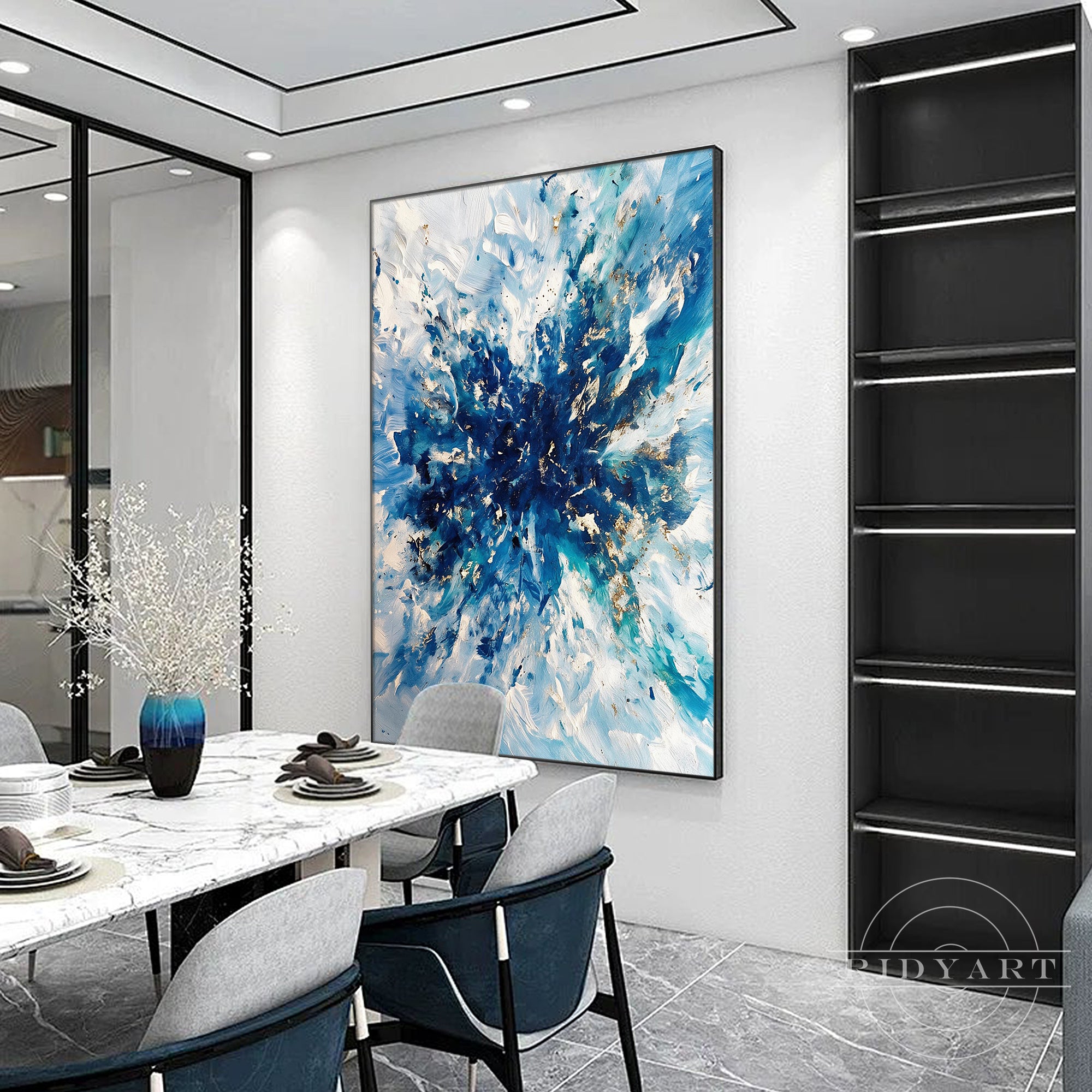 Navy blue abstract painting with gold highlights and layered brush textures