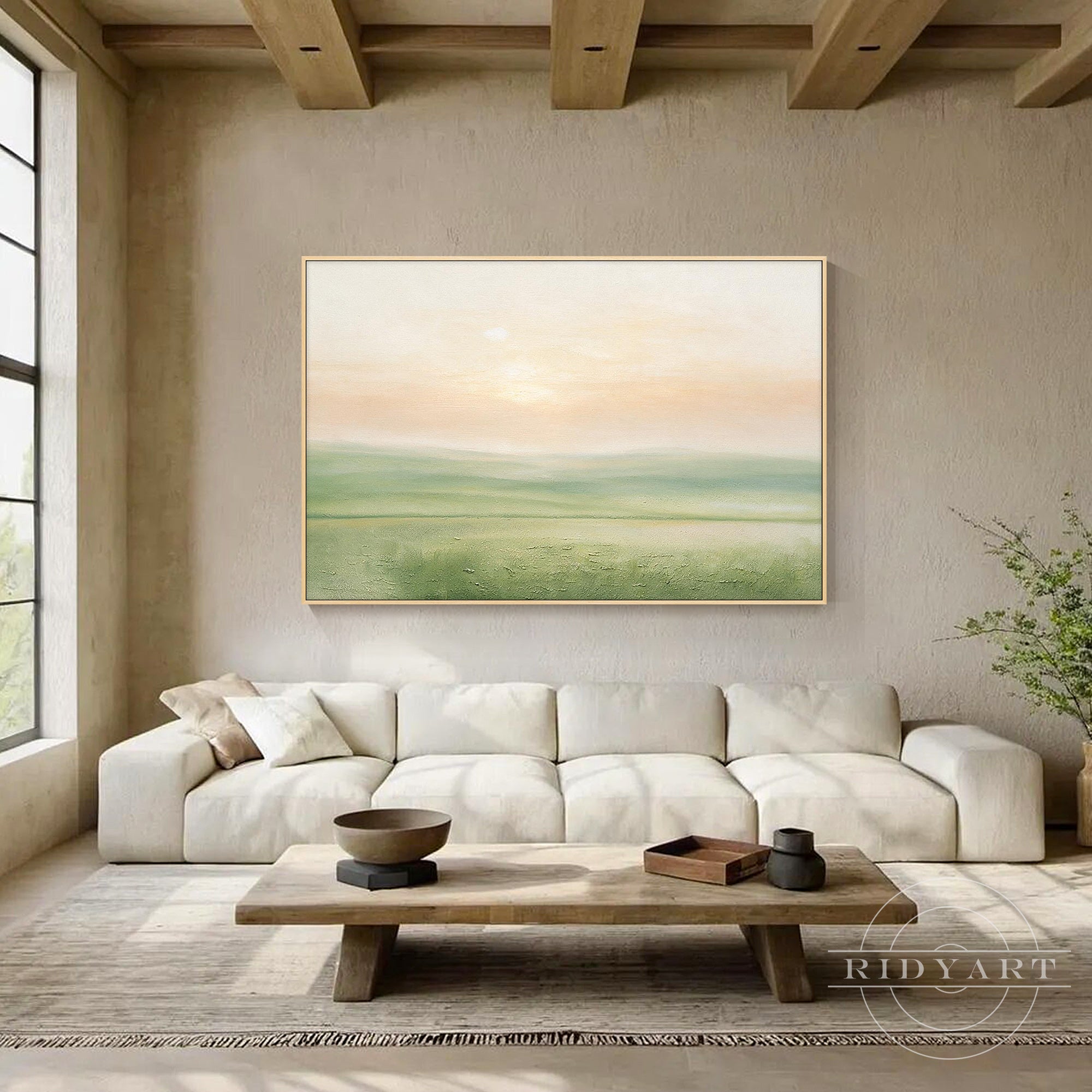 Minimalist green landscape wall art with soft neutral colors and hand painted canvas texture
