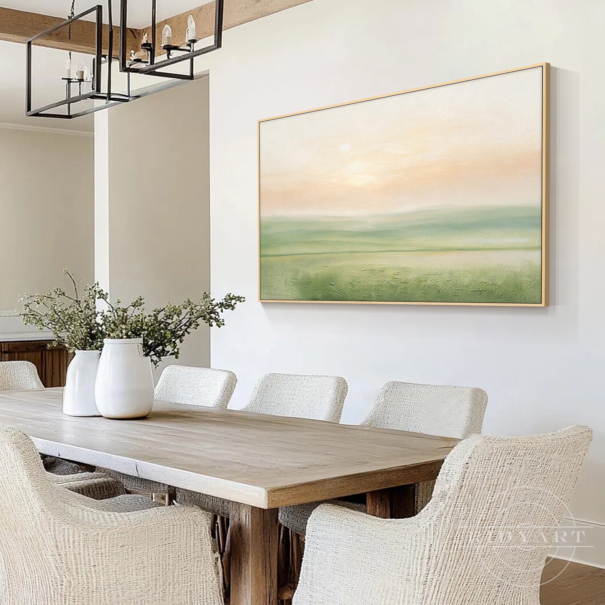 Modern minimalist canvas artwork with calming green landscape design