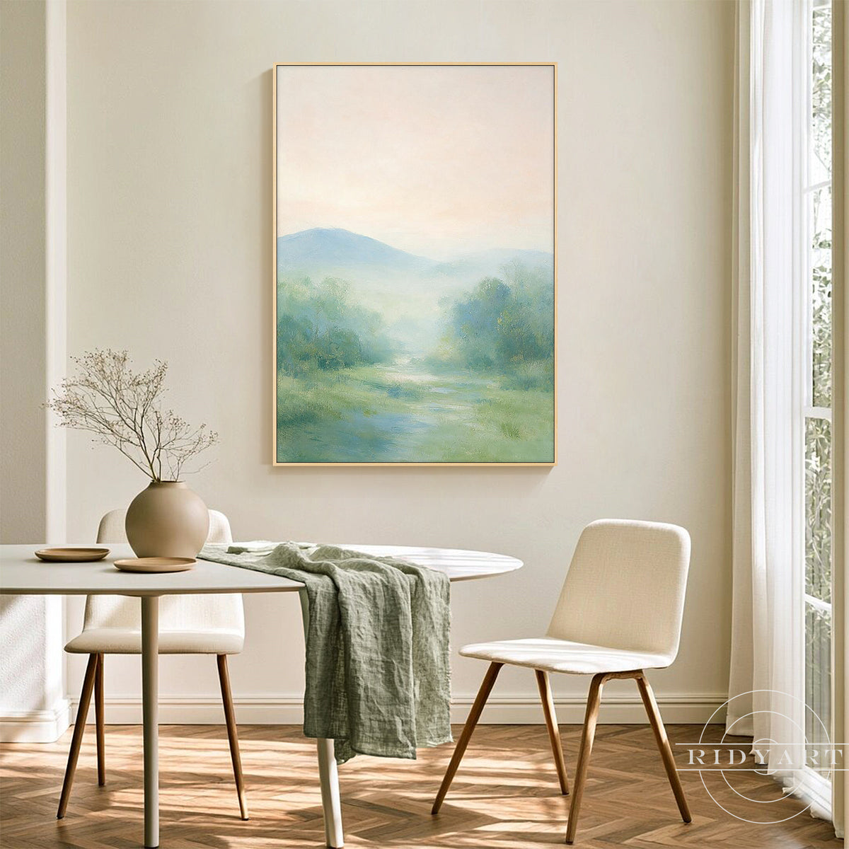 Size guide showing the vertical landscape painting in sizes from 16x24 to 40x60 inches, with custom sizes available.