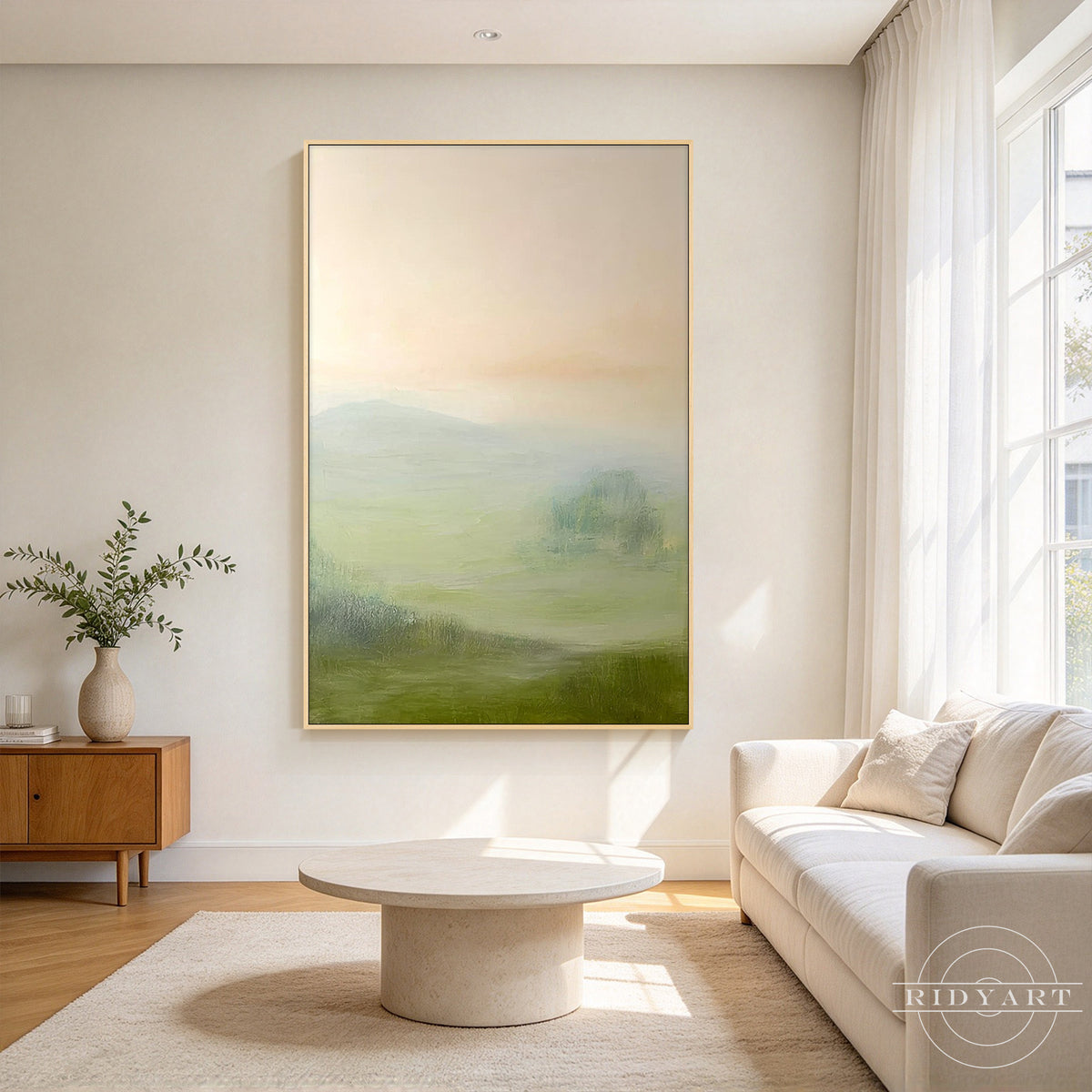 Abstract oil-style landscape wall art with pale gold sky and sage green hills