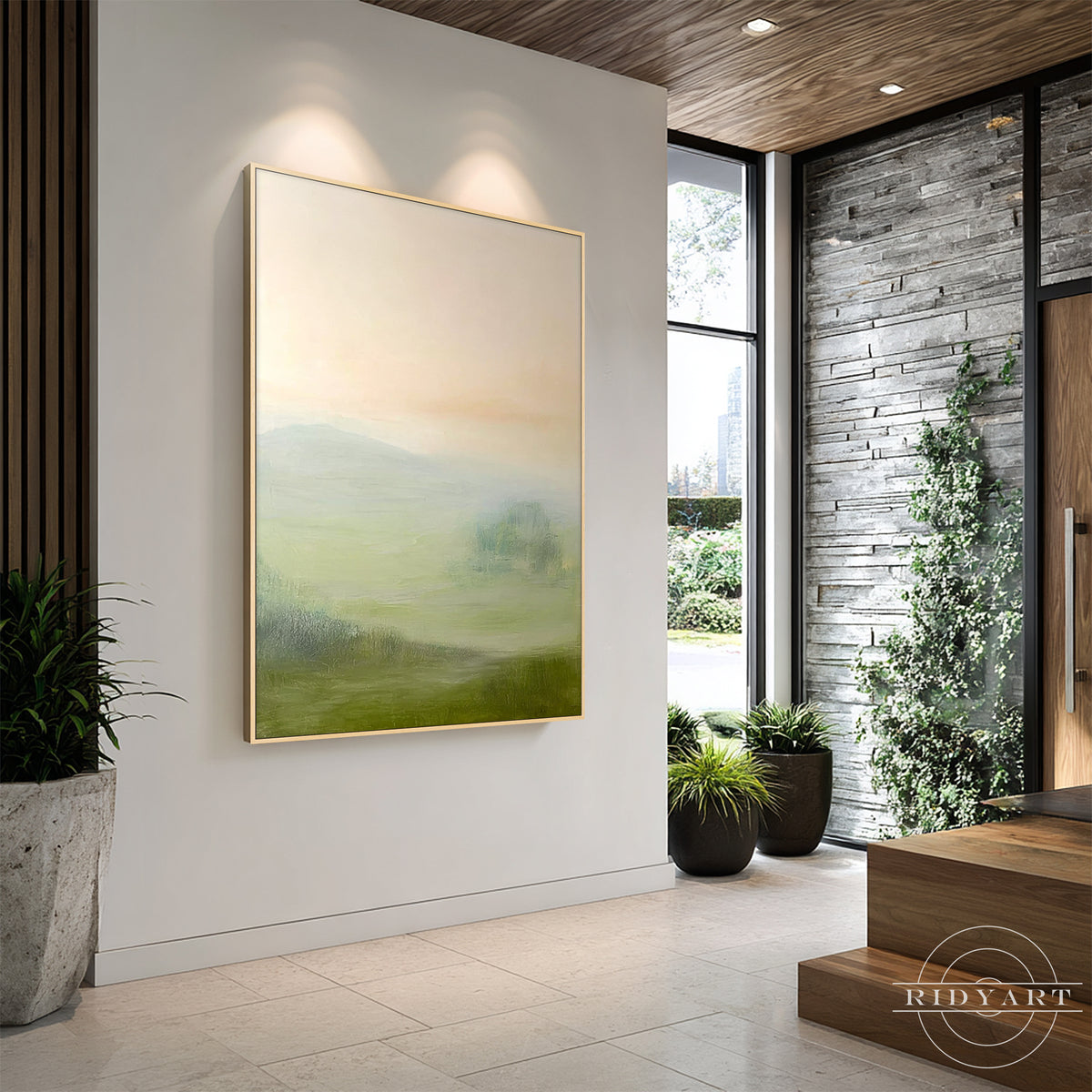 RIDYART framed landscape artwork showing peaceful green hills and warm sky glow
