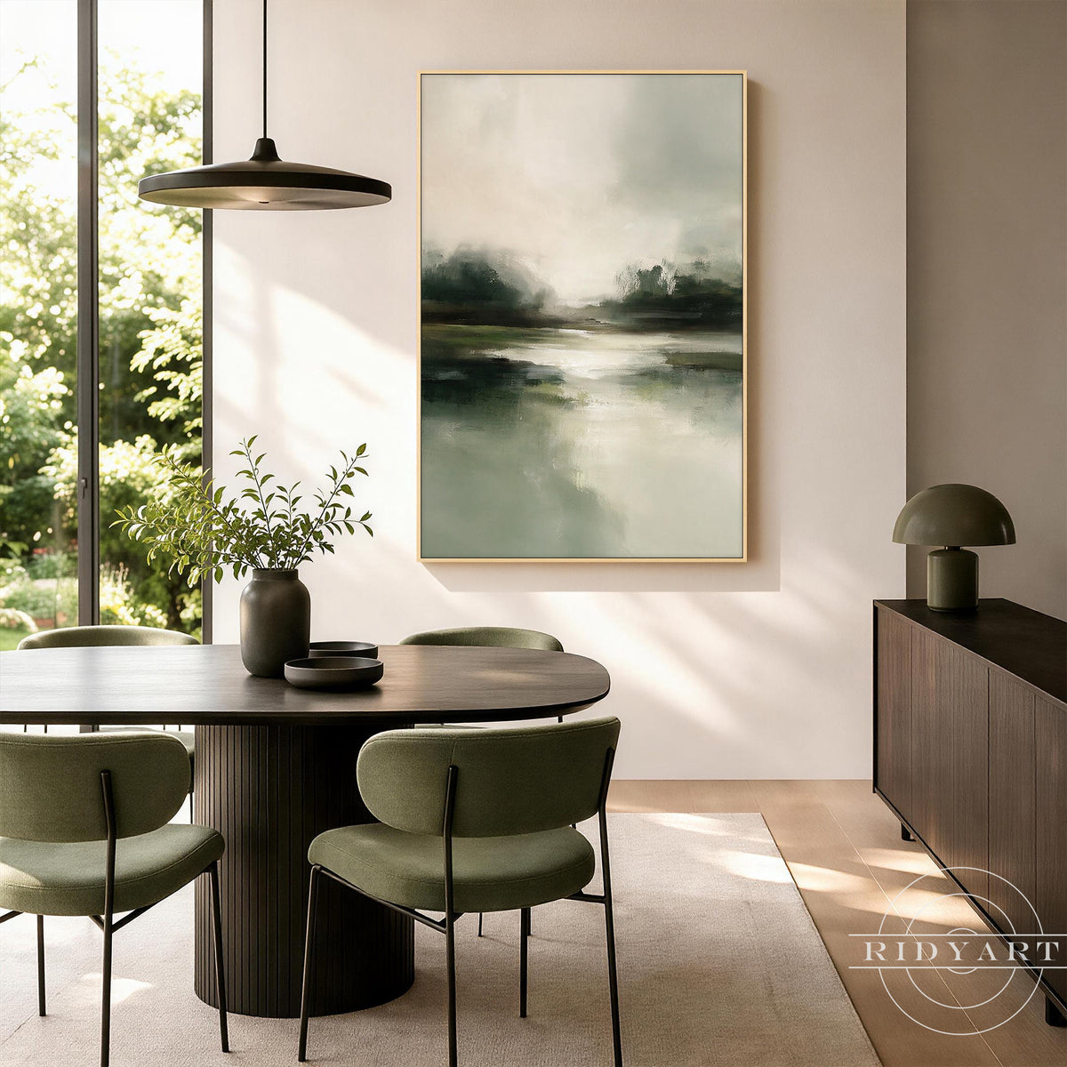 Abstract canvas painting in sage green, ivory, gray, and charcoal tones