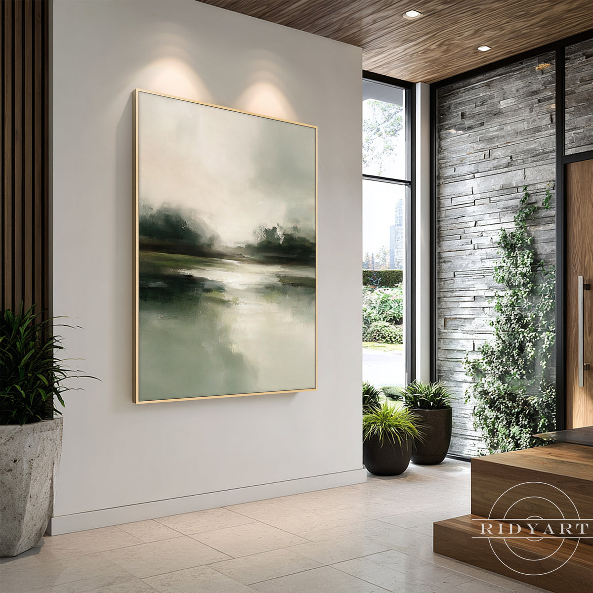Vertical abstract landscape canvas framed with a slim gold-tone border