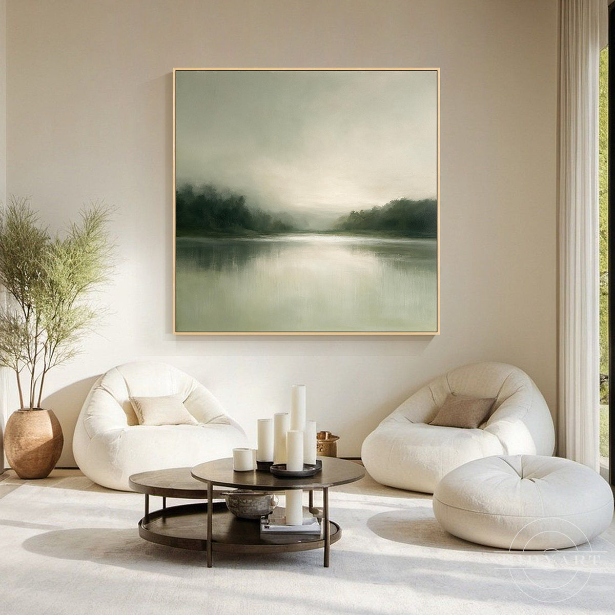 Soothing foggy green lake canvas painting providing a peaceful and elegant backdrop above a natural wood dining table in a contemporary home.