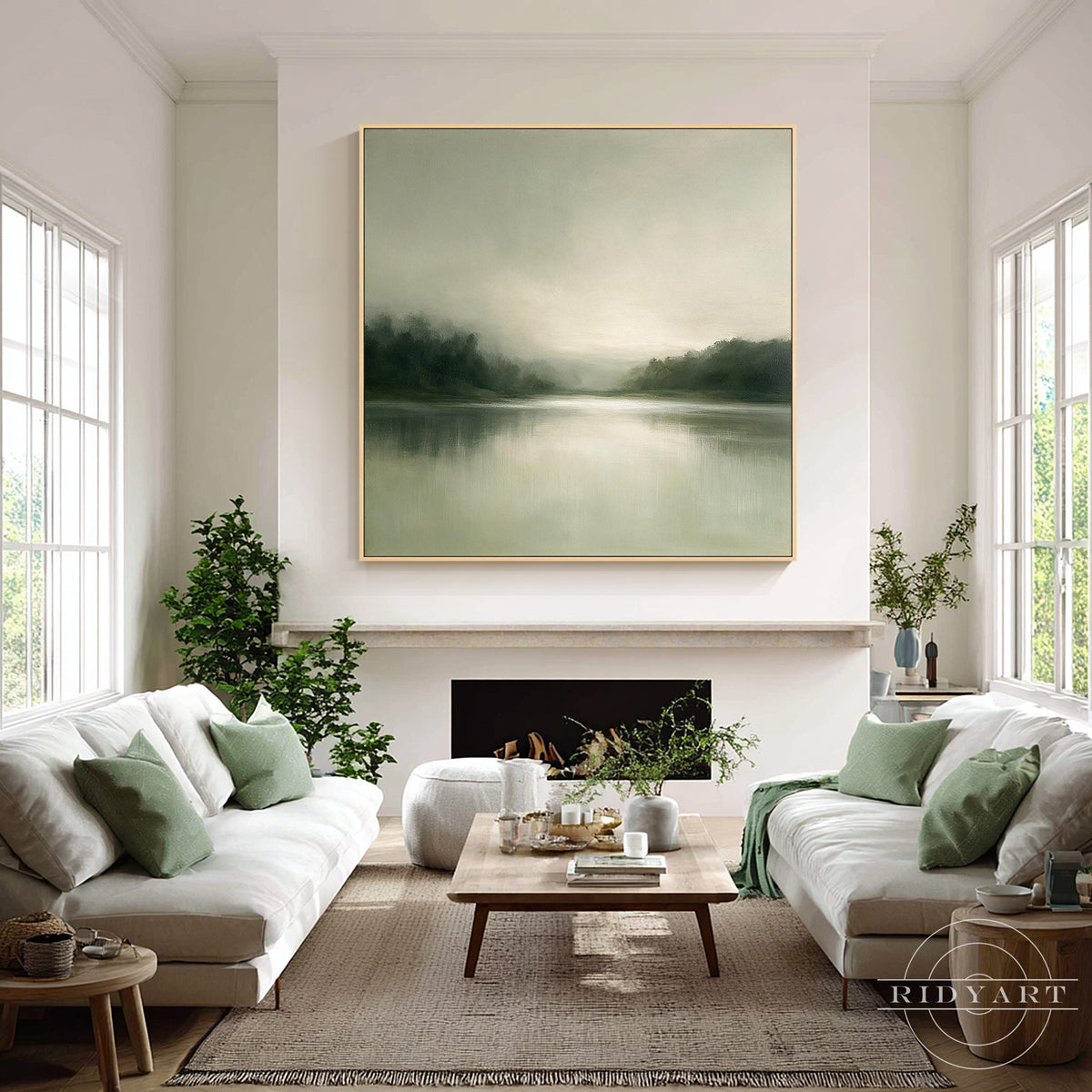 Square hand painted minimalist nature landscape painting creating a quiet calming entry focal point along a bright clean hallway wall.