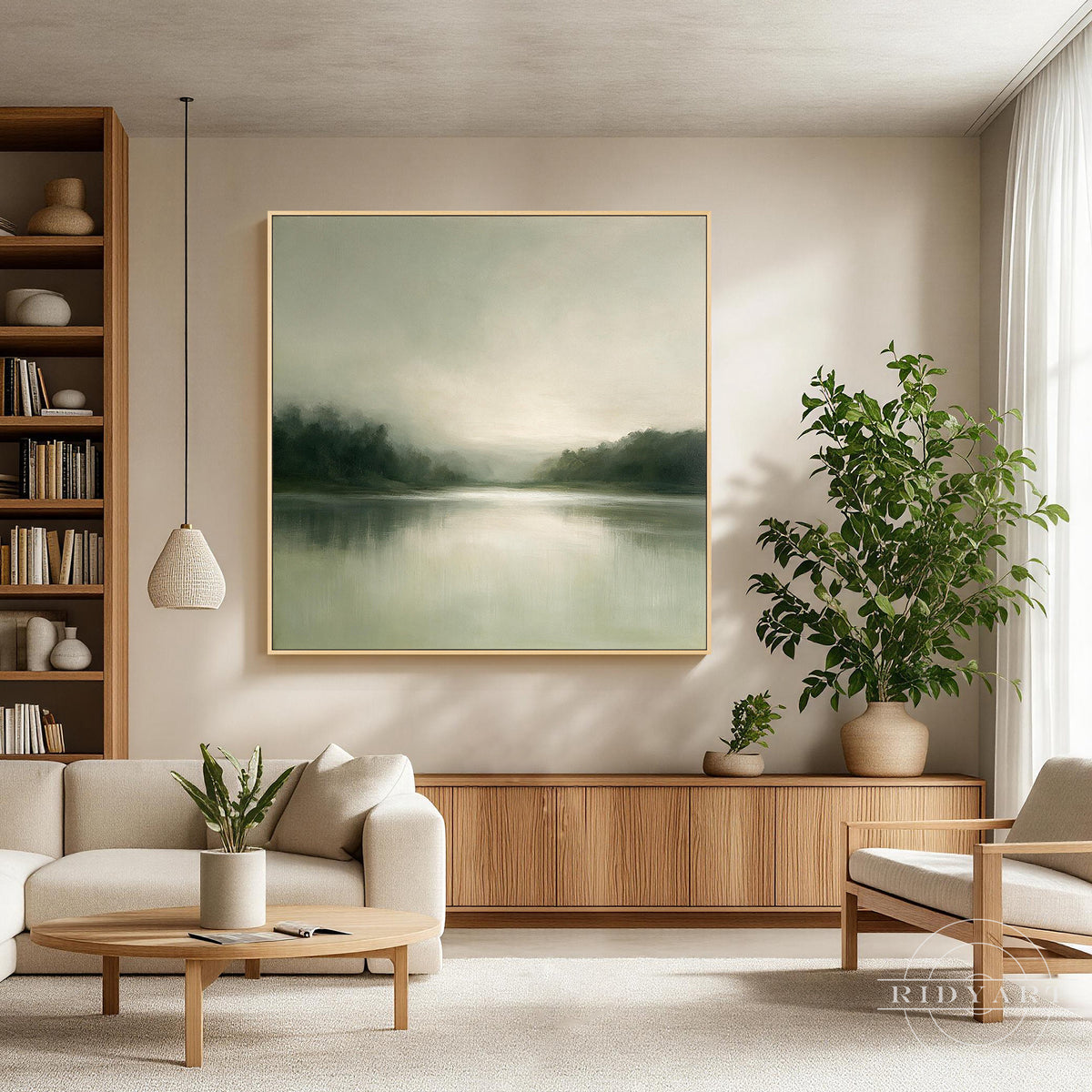 Minimalist fog tree lake canvas wall art with quiet water reflection creating a serene Zen atmosphere in a modern organic living room setup.