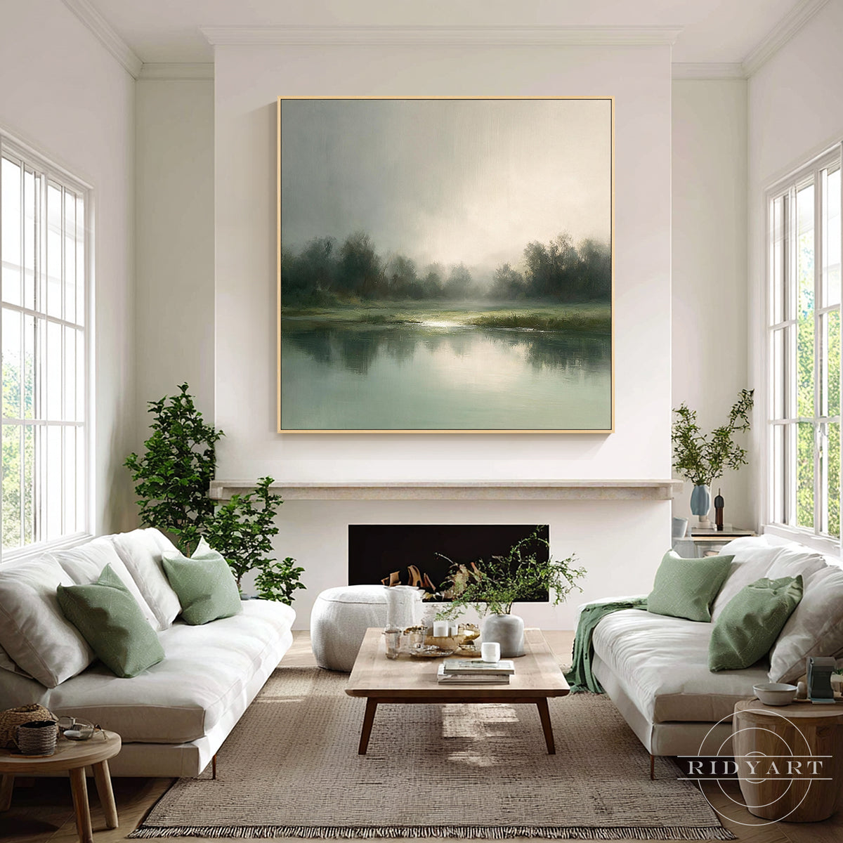 Square hand painted nature landscape painting creating a quiet calming focal point along a sunlit entryway gallery hallway wall.