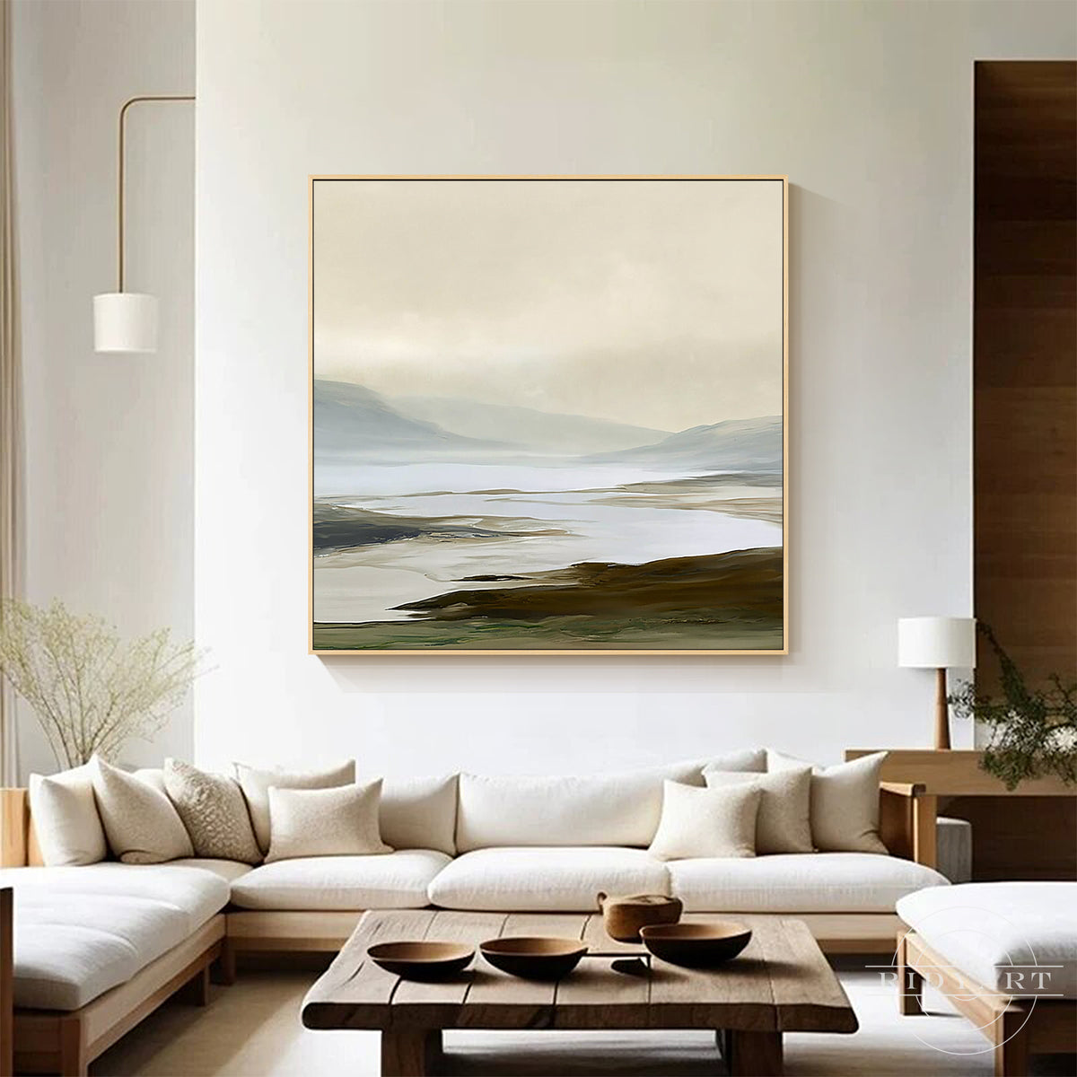 Large neutral horizon landscape canvas wall art with quiet shoreline reflection displayed above a credenza in a modern organic setup.