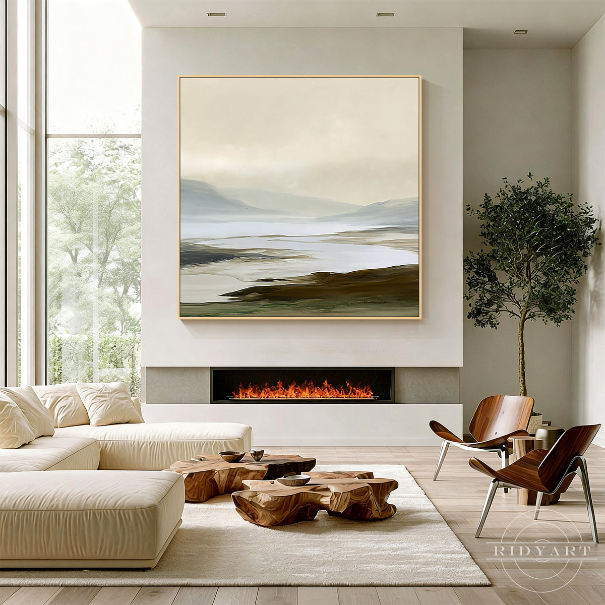 Framed square minimalist sand and sky oil painting bringing serene Zen depth above a light wood console table in a minimalist living room.