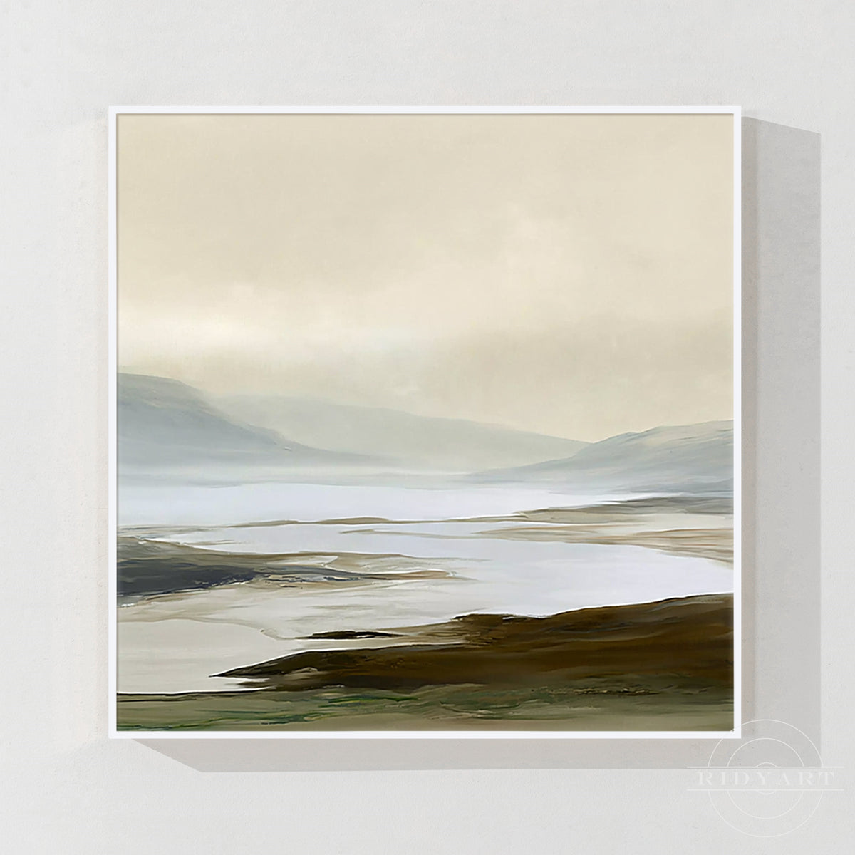 Hand painted beige and blue minimalist coastal landscape oil painting hanging over a modern cream sofa in a sunlit Japandi living room.
