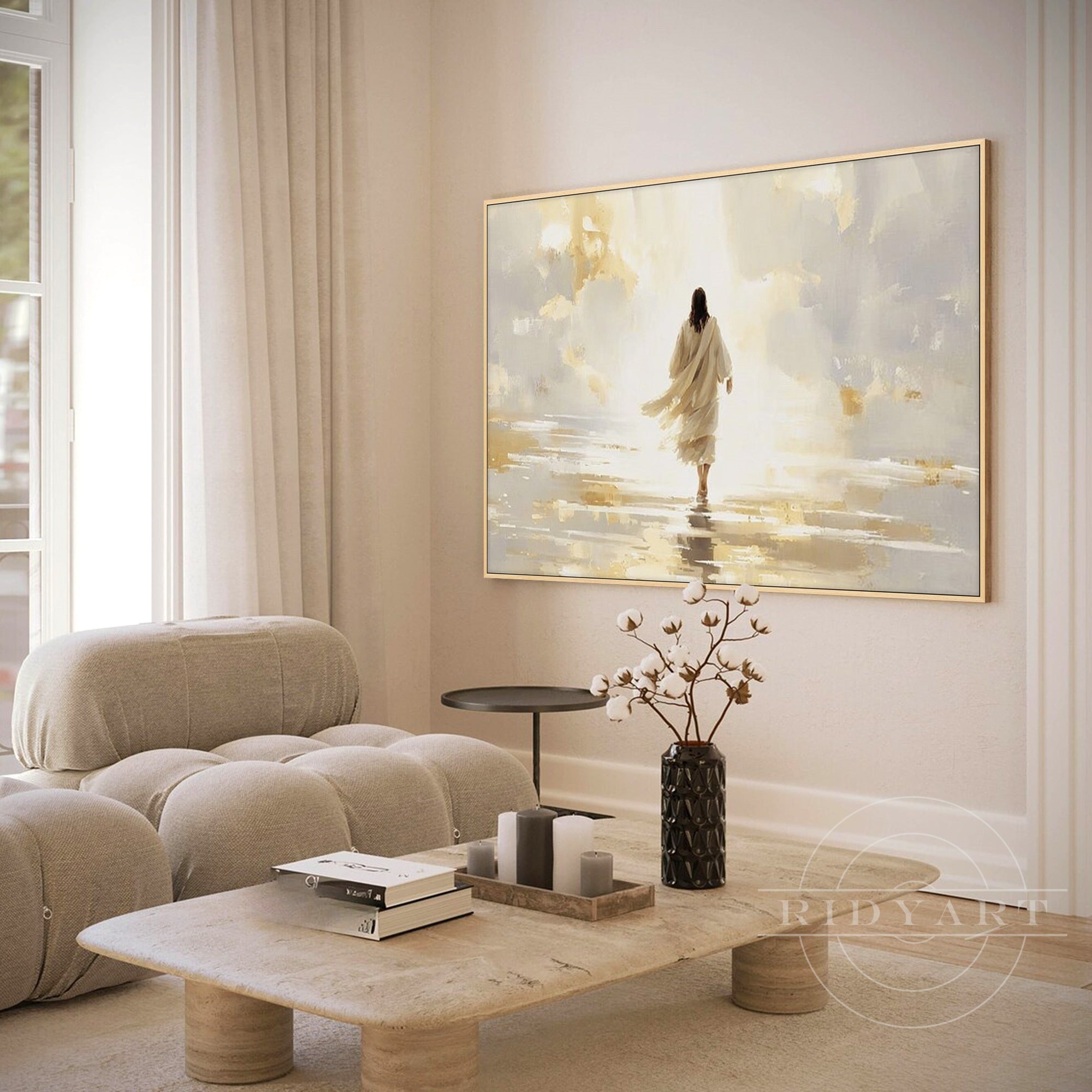 Gold gray Jesus walking Christian canvas living room wall art