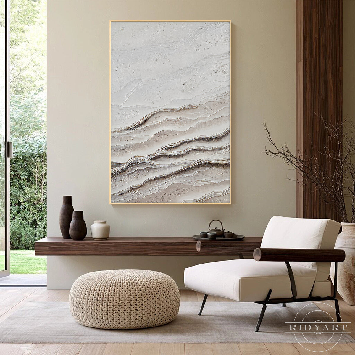 Vertical neutral abstract painting with raised texture and flowing organic patterns