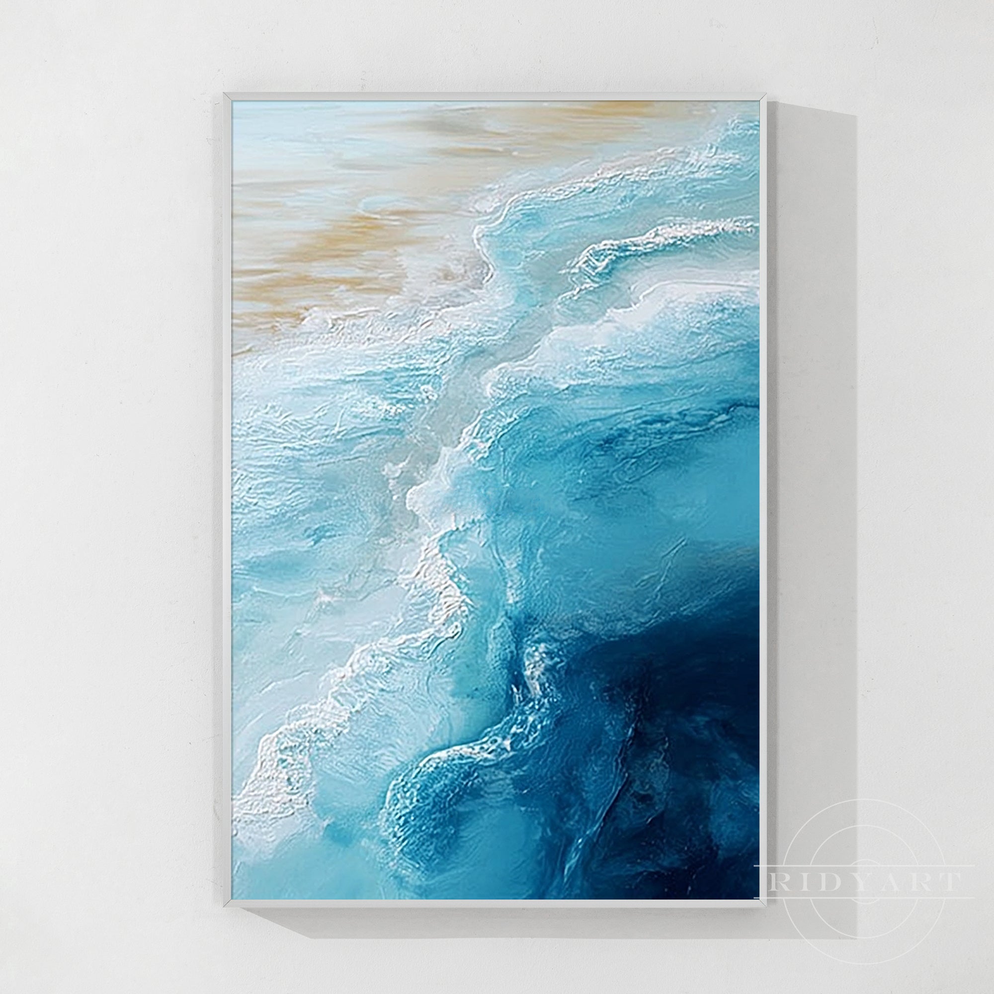 Turquoise blue ocean abstract painting with textured wave details on canvas