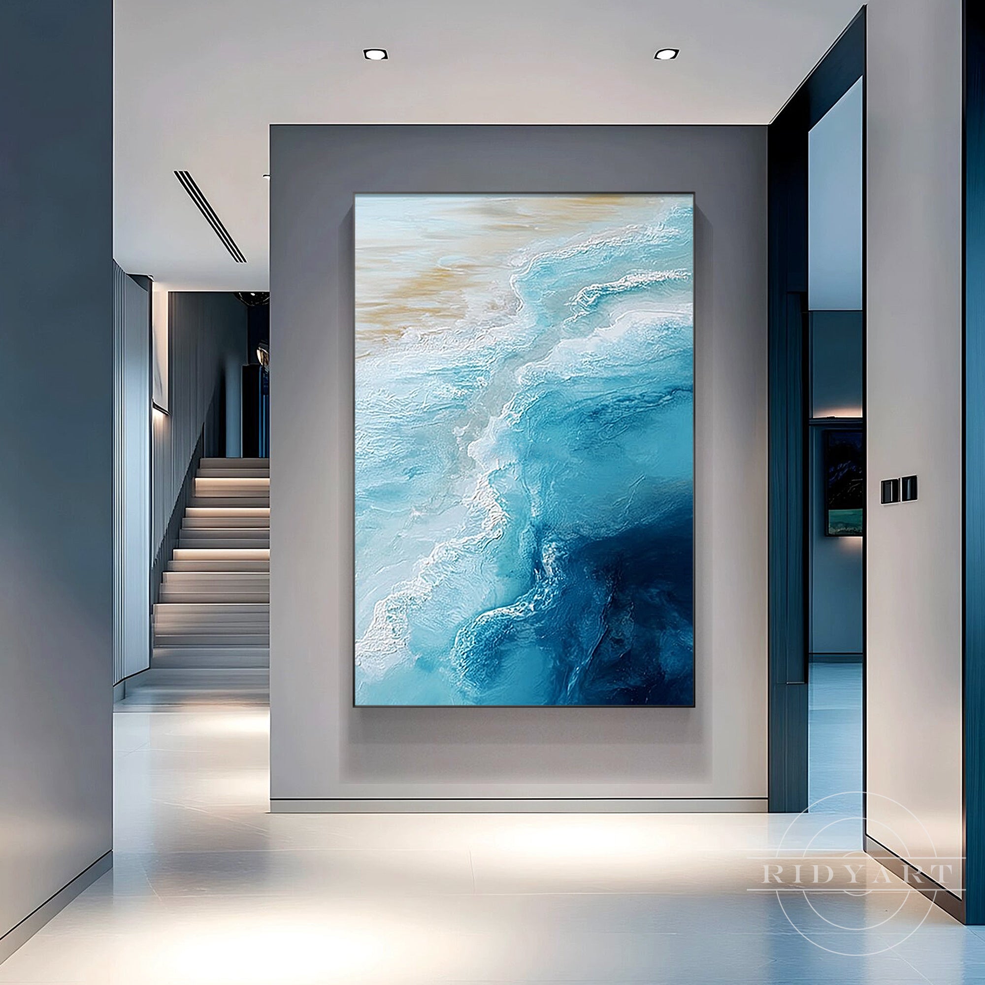 Abstract turquoise ocean painting with layered texture and wave patterns