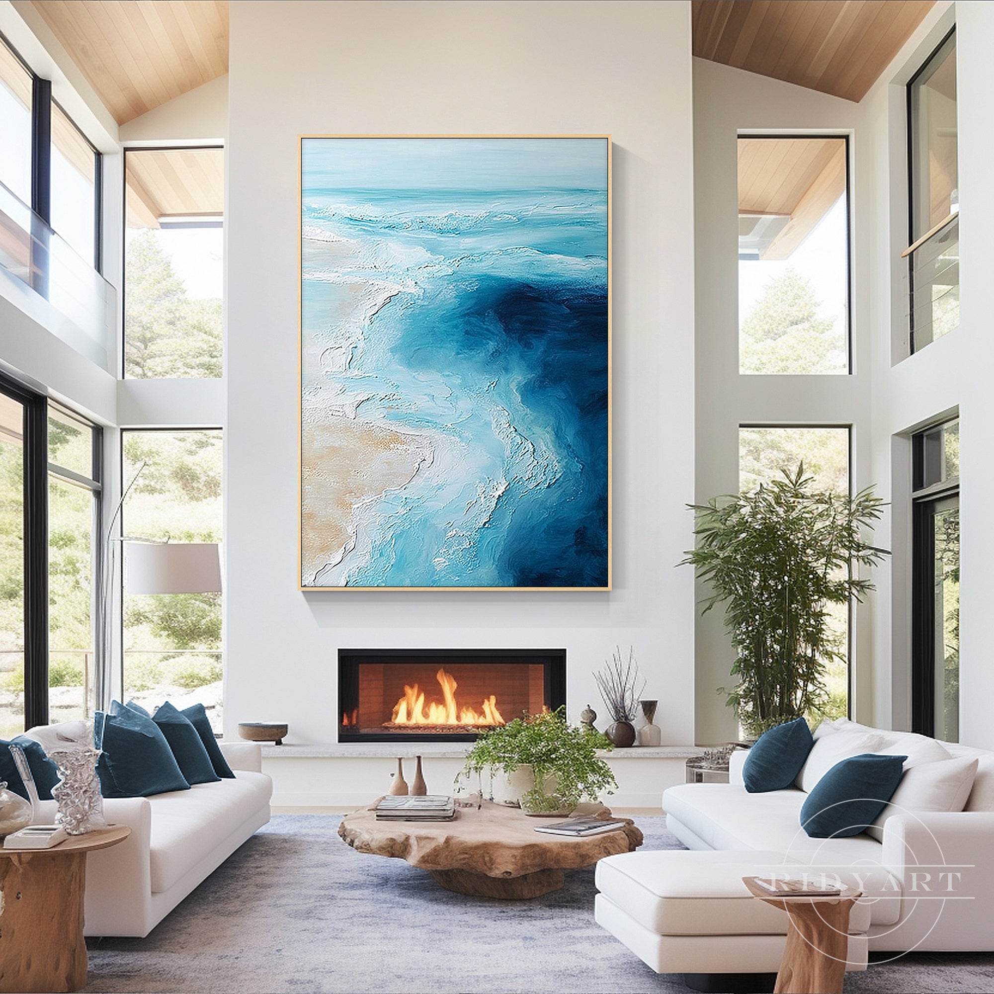 Textured abstract sea painting inspired by calm ocean waves and coastal scenery