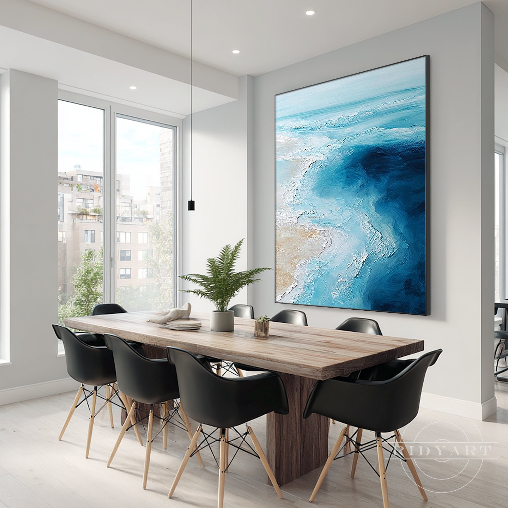 Hand painted ocean wave canvas artwork in turquoise and deep blue colors