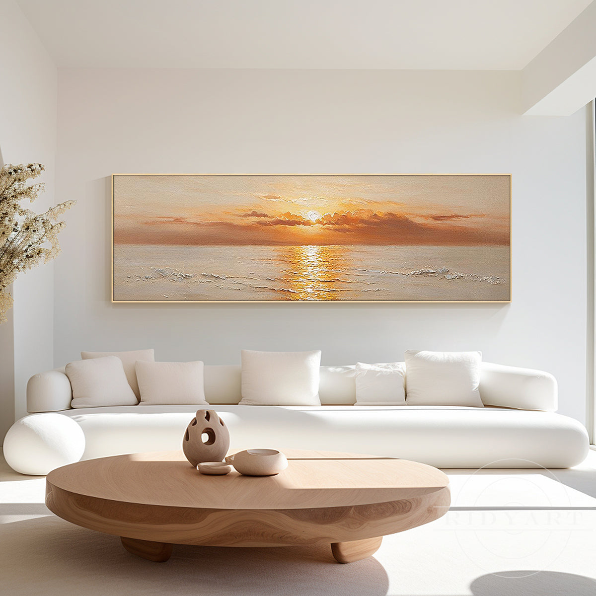 Close-up of textured golden ocean waves and glowing sunset clouds in a modern seascape canvas art.