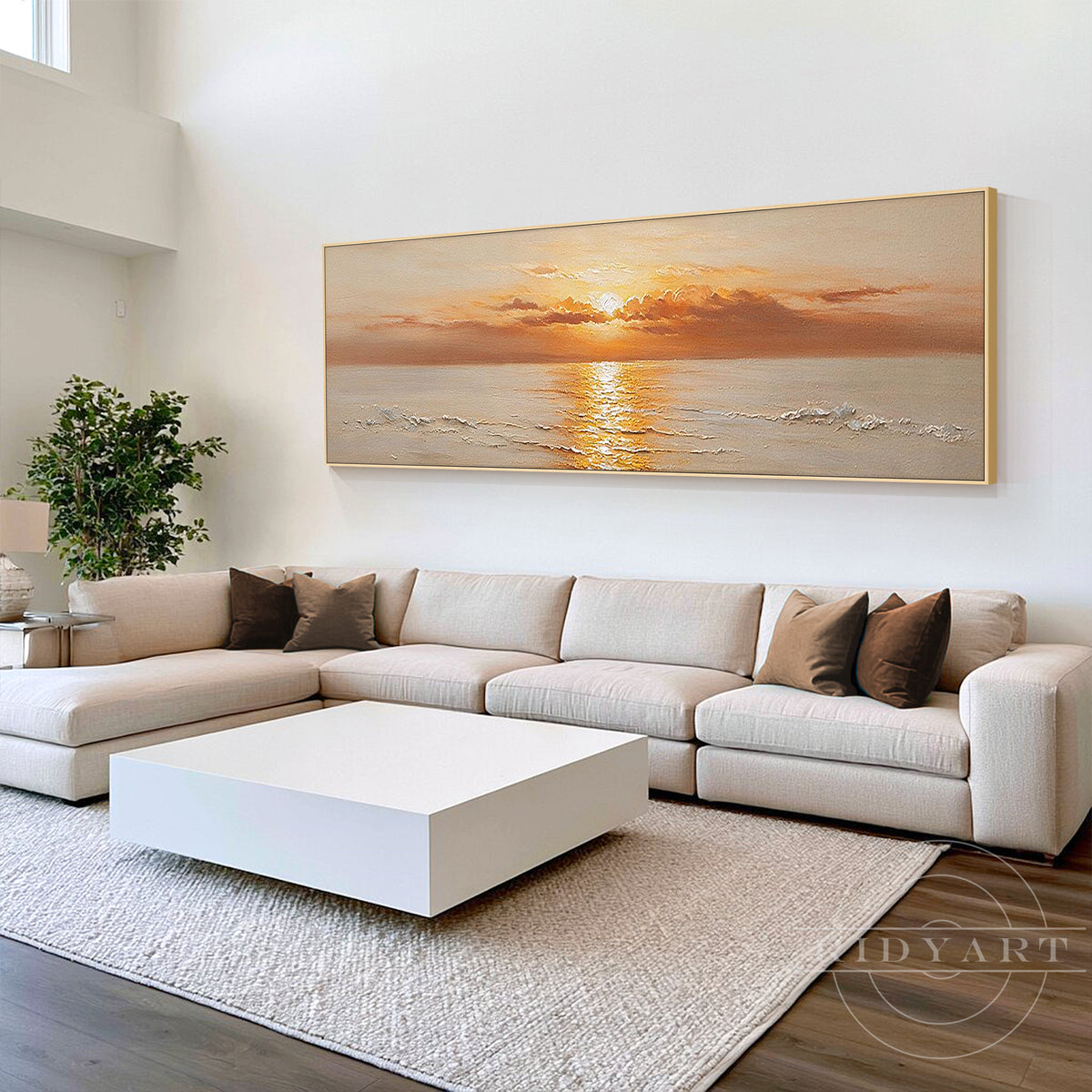 Side angle view showing the thin metallic gold frame and rich impasto oil painting texture.
