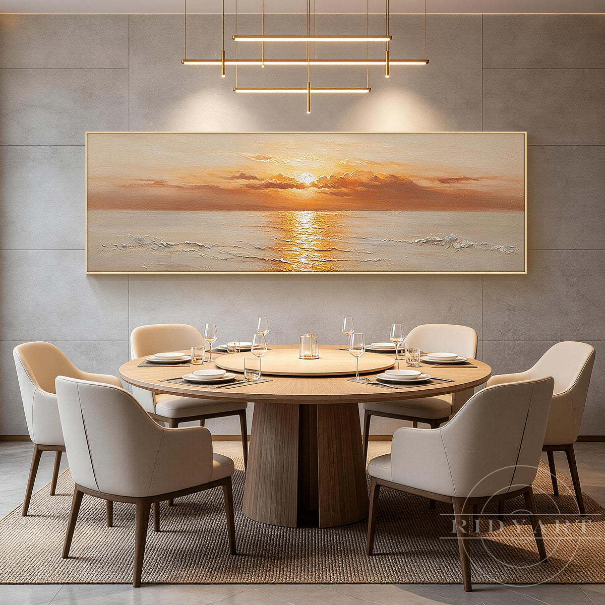 Modern luxury coastal wall art with warm amber, gold, and neutral grey tones depicting a tranquil sunset sea.